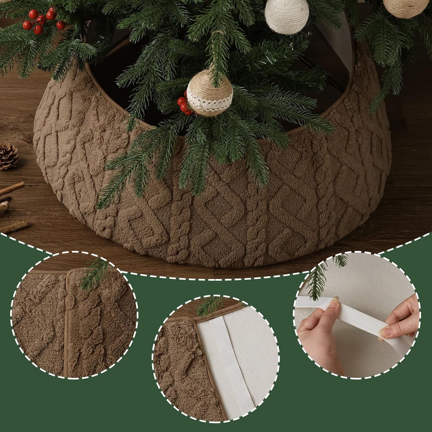 Christmas Tree Collar, Neutral Rustic Plush Faux Fur Tree Collar with Crossed Diamond Textured Pattern, Farmhouse Soft Xmas Tree Ring Tree Skirt for Holiday Decorations Christmas Home Decor, Brown