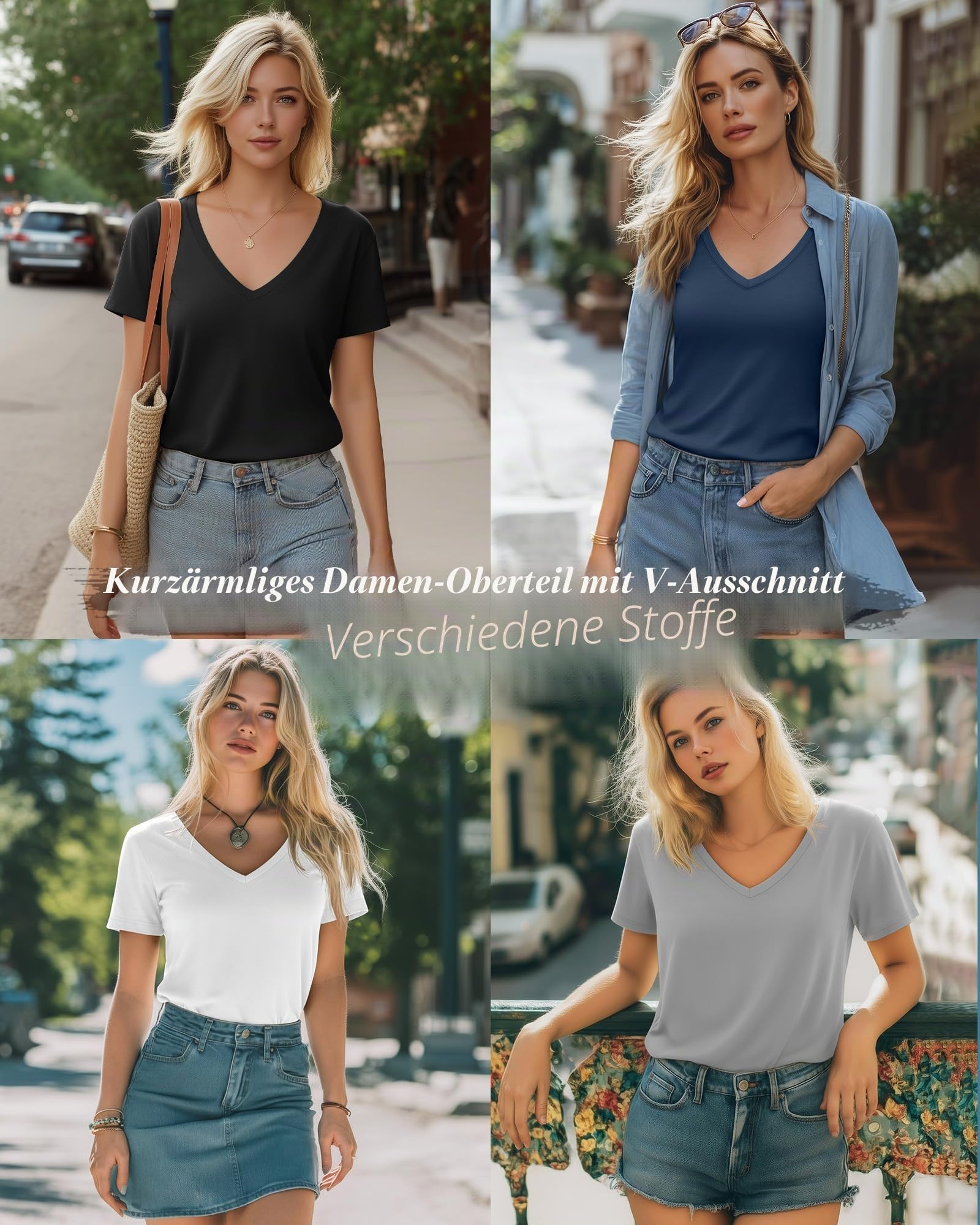 Neer 4er Pack Damen T-Shirts V-Ausschnitt Kurzarm Sommer Casual Tops Lockere Passform Gerader Saum Basic