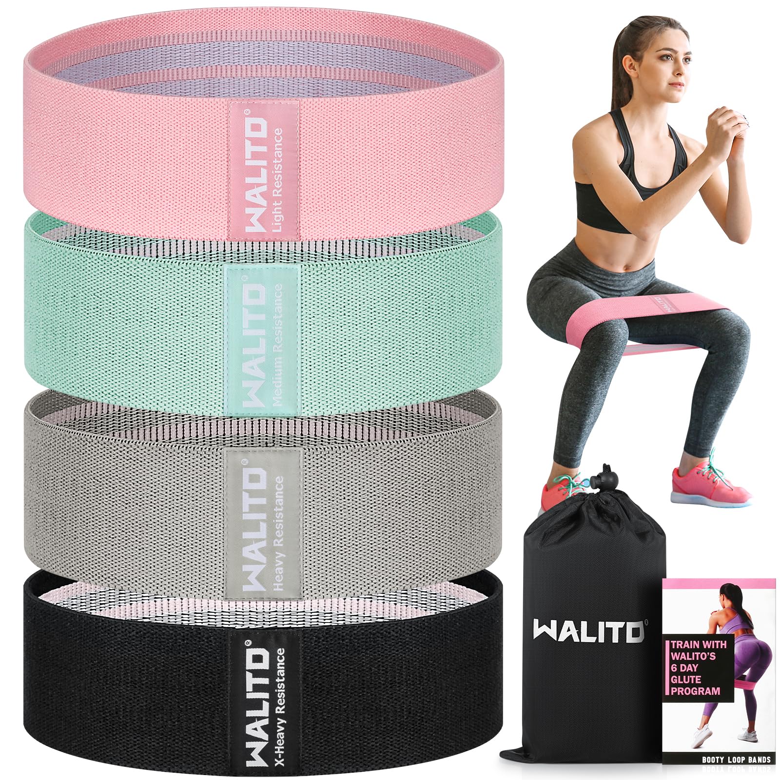 WALITO Resistance Bands for Legs and Butt, Fabric Exercise Loop Bands Yoga, Pilates, Rehab, Fitness and Home Workout, Strength Bands for Booty