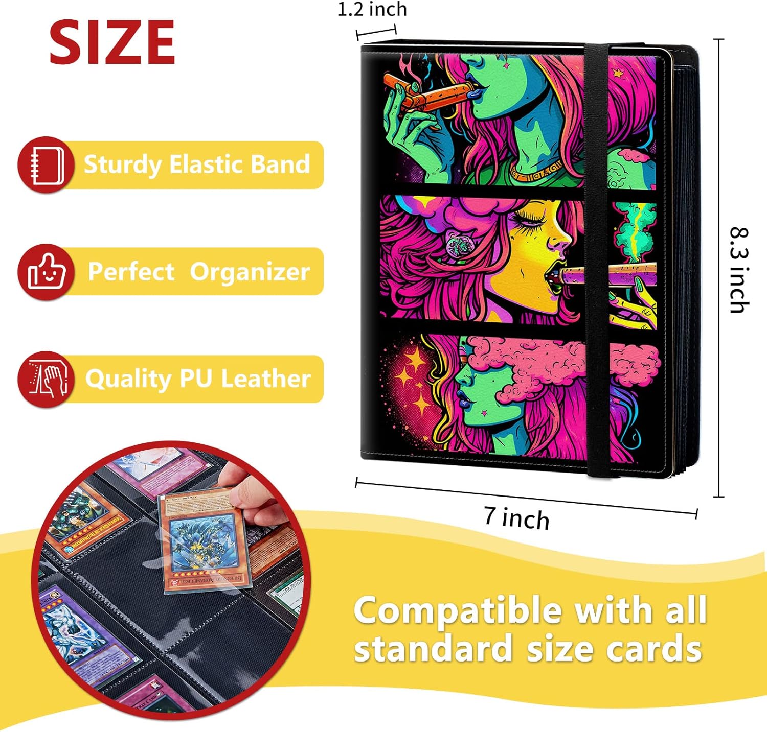 4-Pocket Card Binder 50 Pages Holds 400 Cards, Card Book Collector Album Folder for Yugioh, MTG, TCG, Cute PU Leather Trading Card Holder with Elastic Strap, Smoke Cool Girl