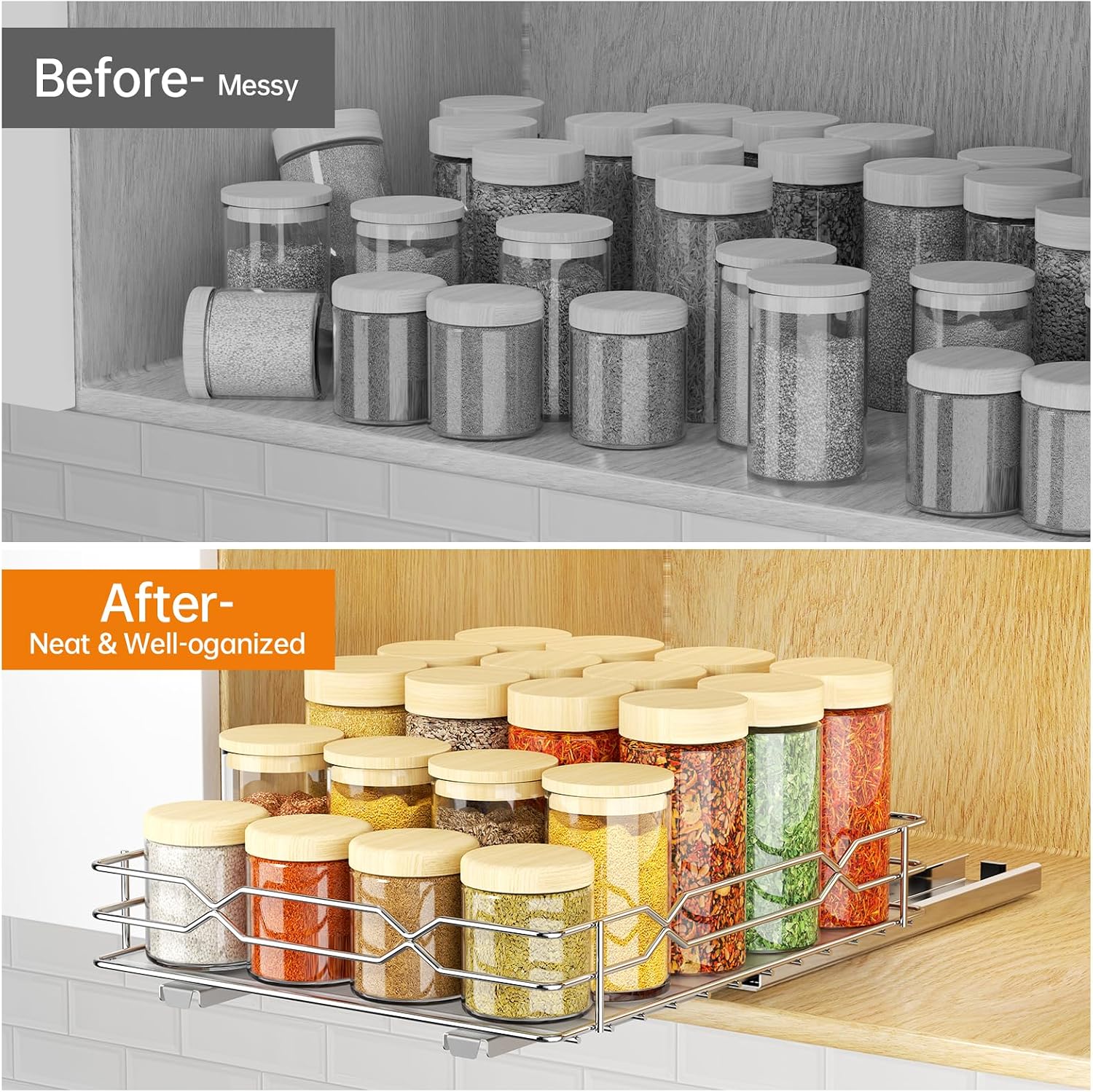 Pull Out Spice Rack Organizer for Cabinet, Slide Out Spice Organization for Cabinet Storage for Spices, Bottles & Jars, Sliding Spice Shelf for Narrow Kitchen Cabinets, Pantry, 8.5"W x 10.5"D x 2.5"H