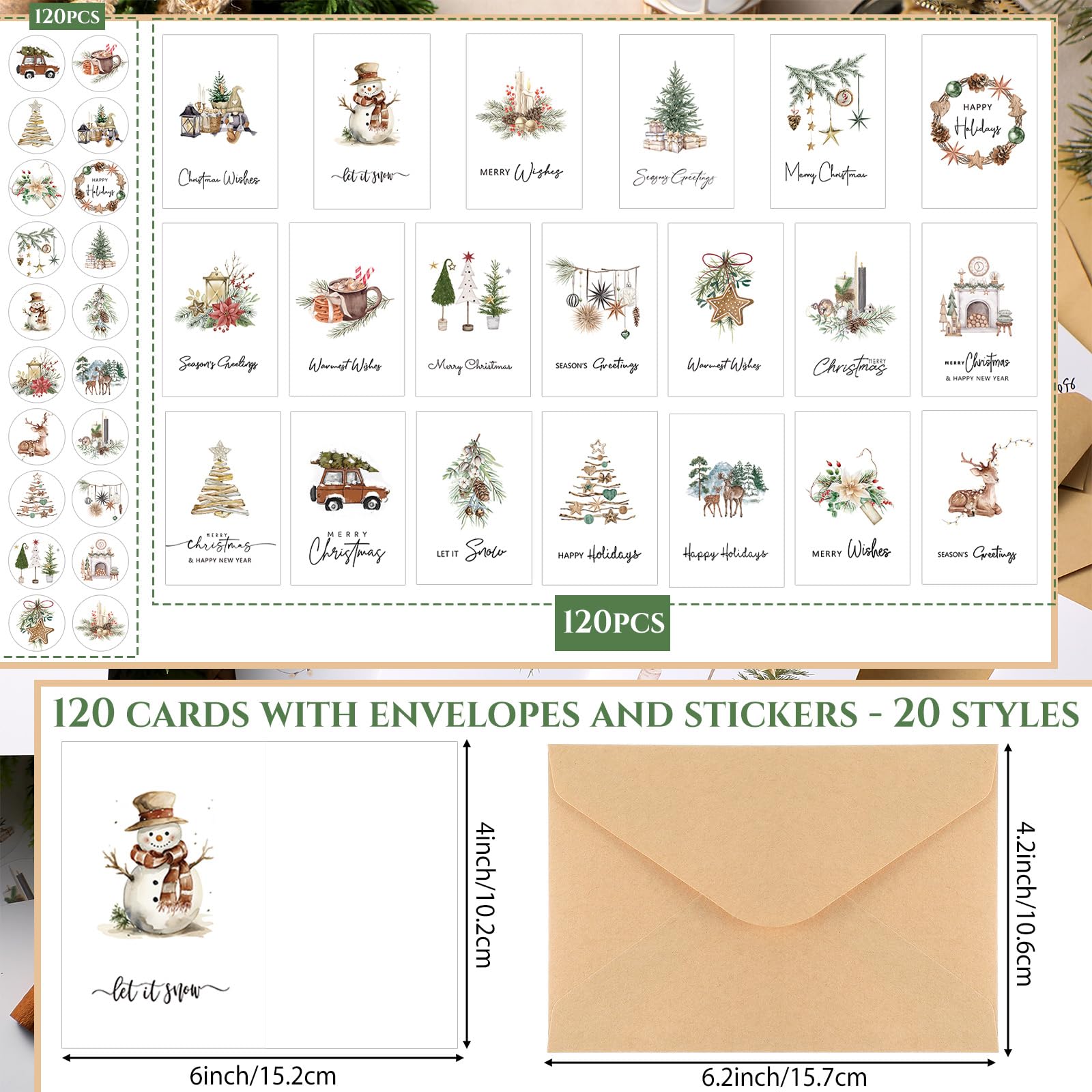 Engrowtic Lot de 120 cartes de Noël de 10,2 x 15,2 cm avec enveloppes kraft et autocollants Assortiment de cartes de vœux rustiques pour Noël, Nouvel An, fournitures de fête