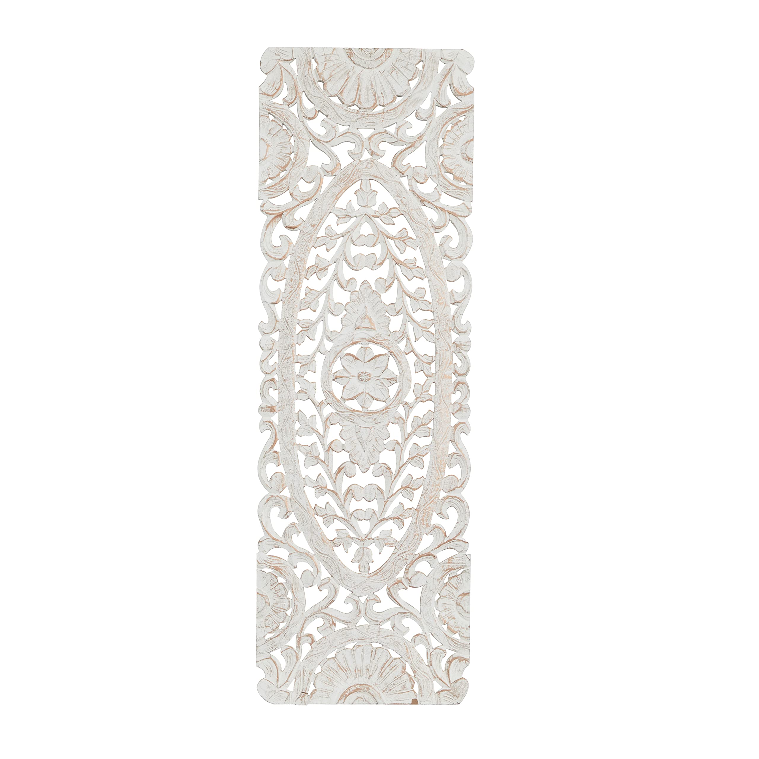 Deco 79 Wood Floral Handmade Intricately Carved Wall Decor, 16" x 1" x 48", White