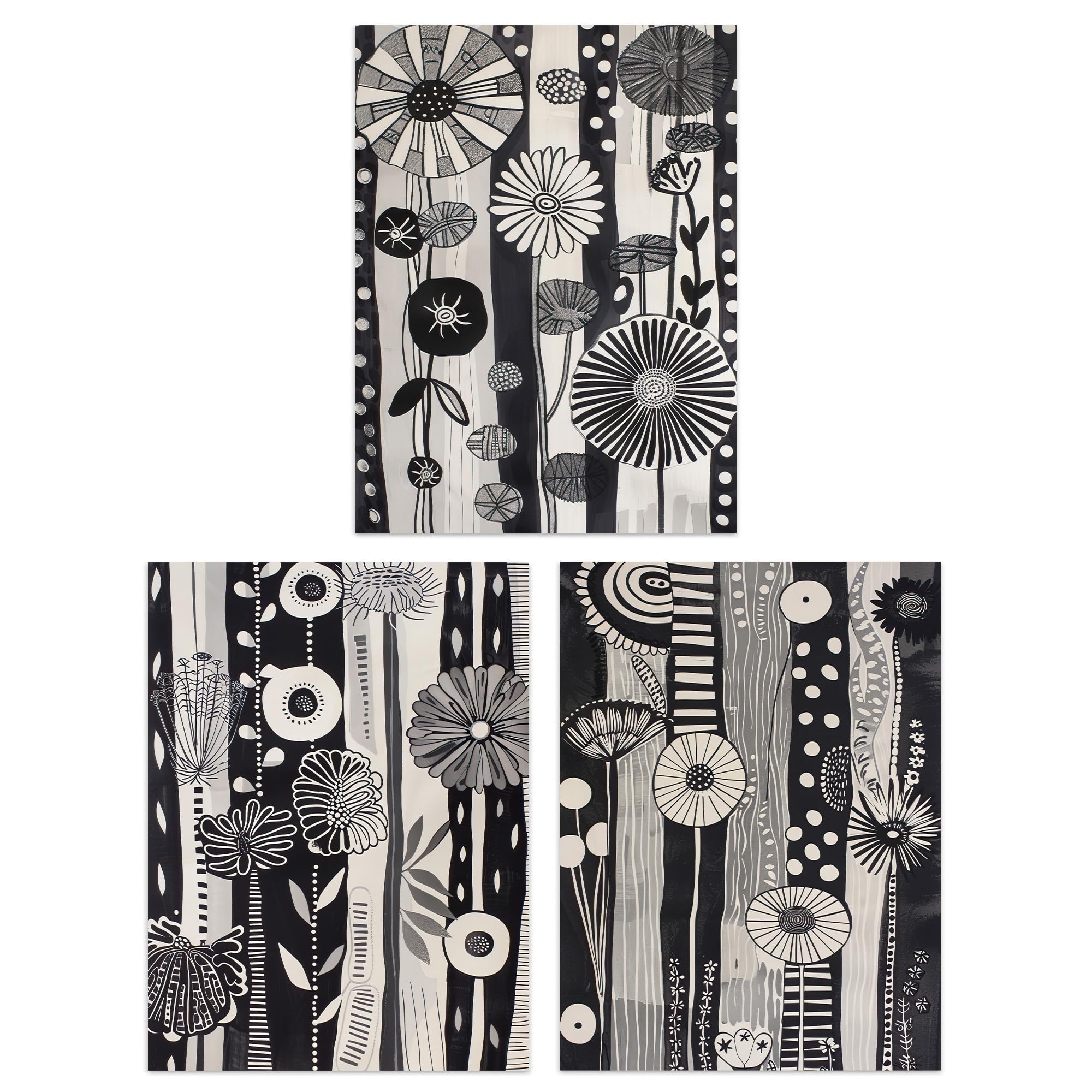 Set of 3 Black White Folk Art Flower A4 Wall Art Prints - Artery8