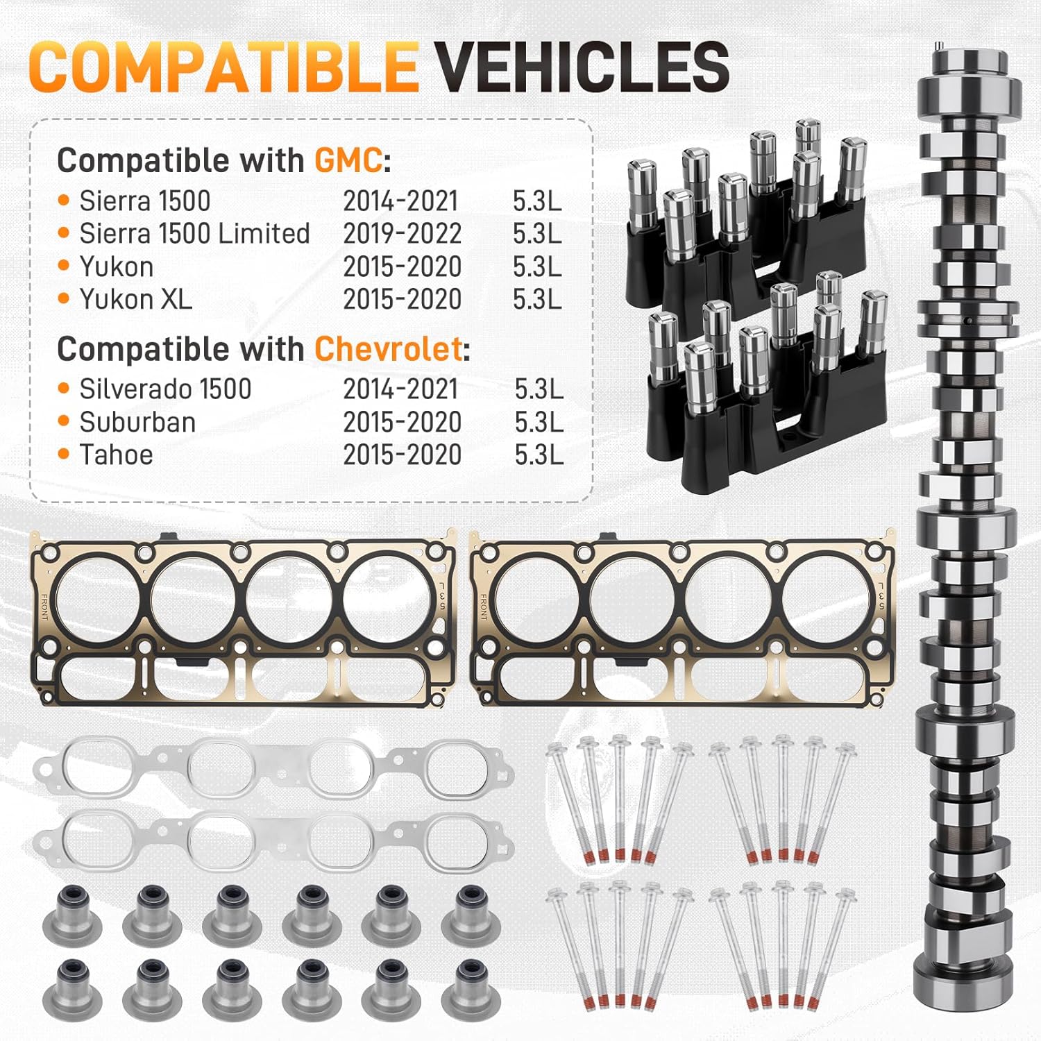 Upgrade AFM DOD 5.3L Camshaft Lifters Kit with Head Gasket Set Compatible with GMC Sierra Yukon, Chevy Silverado Suburban Tahoe 2014-2021 Gen V L83 5.3L Engine Replace# HS26744PT 12619823 12569256