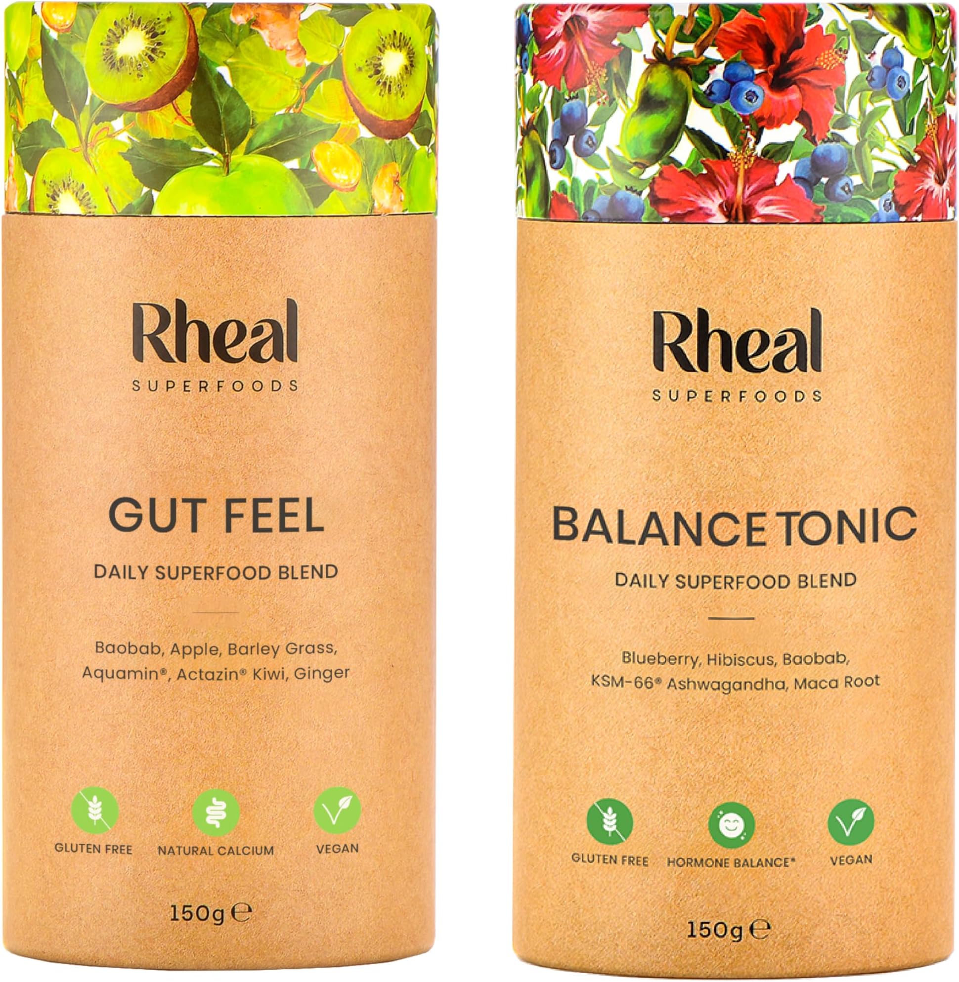 Rheal Superfoods Most Loved Bundle - Balance Tonic & Gut Feel Superfood Powder Duo, Complete Daily Wellness Routine, Gut Health & Hormonal Balance Support, Plant-Based, 30 Servings Each