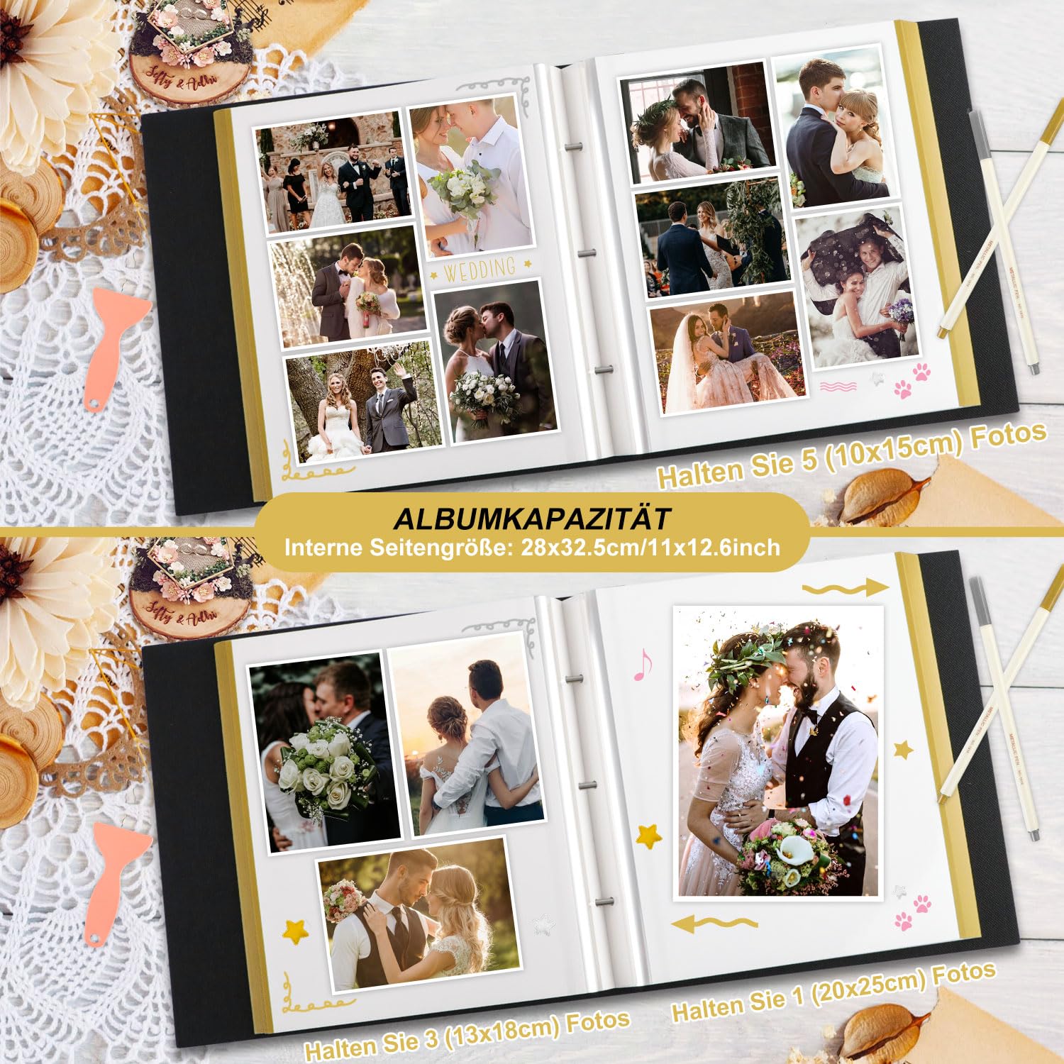Lanpn Album fotografico autoadesivo per matrimonio, in lino, grandi pagine bianche, per matrimonio, fai da te, con penna, 10 x 15, 13 x 18 foto (grandi, 40 fogli/80 pagine, beige)