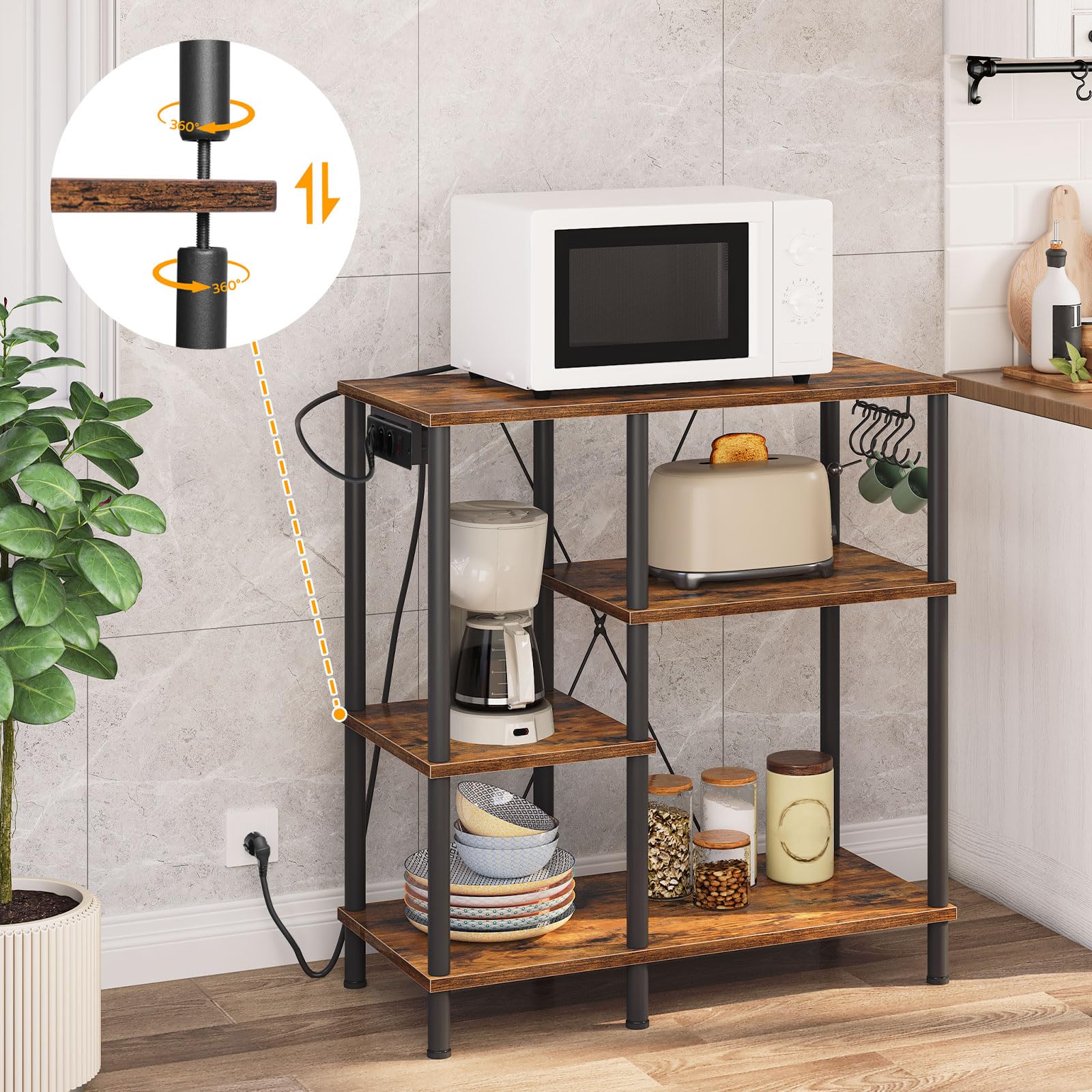 HOOBRO Küchenregal, Standregal mit Steckdosen, Bäckerregal mit 5 S-Haken, Mikrowellen-Regal, 38 x 80 x 86 cm, Vintagebraun und Schwarz EBF07CHB01