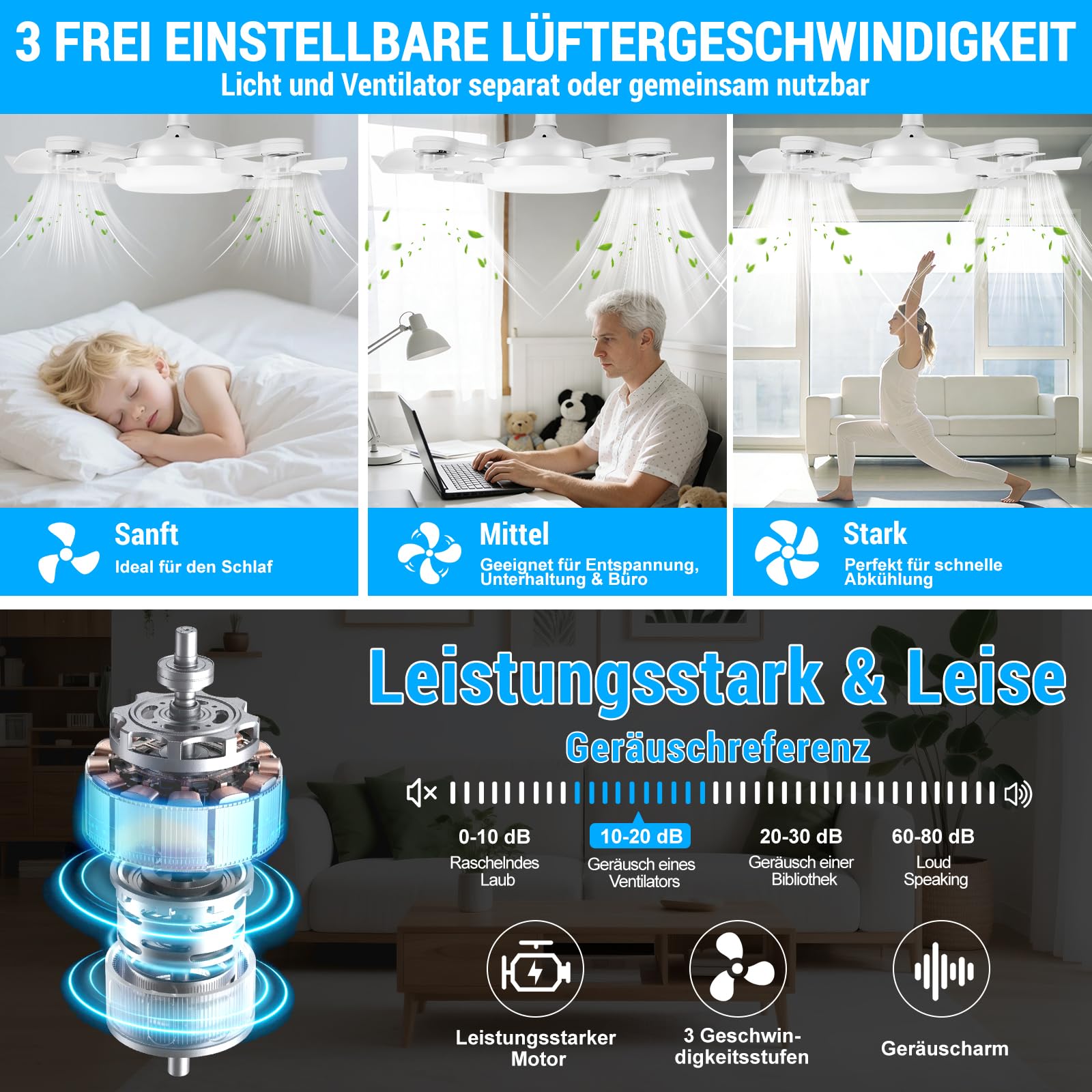 Deckenventilator mit Beleuchtung, 50CM Faltbarer Lampe mit Ventilator, Timer- und Speicherfunktion, Leiser LED Deckenleuchte mit Ventilator und Fernbedienung, 3 Windstufen & 3 Farbtemperatur