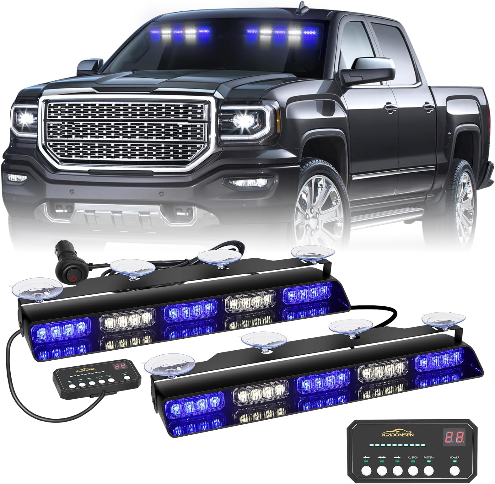 XRIDONSEN 2x 17 inch Blue White Emergency Dash Strobe Lights Bar 40 LED Interior Front/Rear Windshield Lights Safety Flashing Warning Hazard w/Suction Cups for Police Firefighter Vehicles Trucks Car
