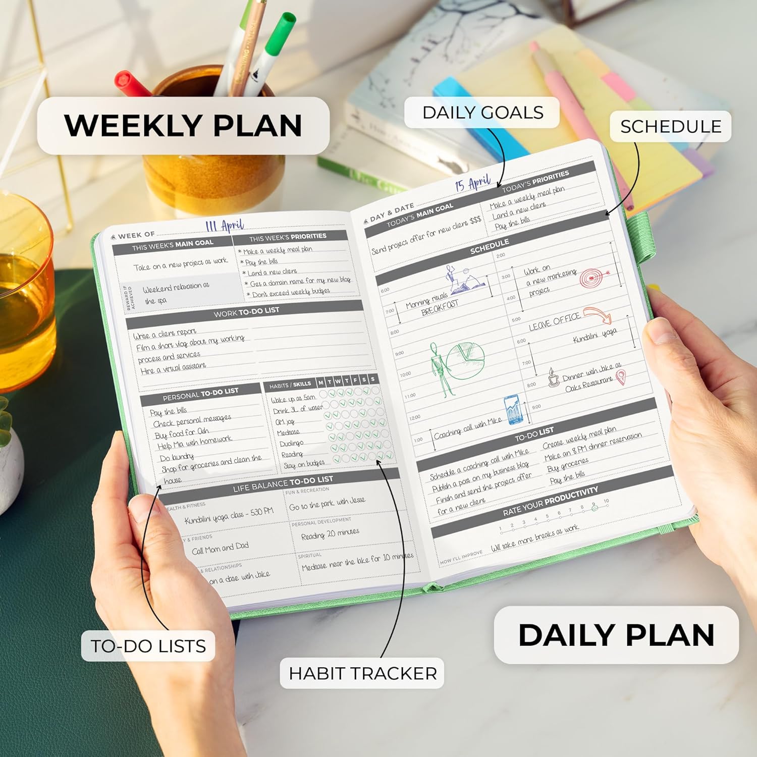 Clever Fox Daily Planner – Undated Planning Notebook with Hourly Schedule & To-Do List – Personal Day Task & Work Organizer, 6 Months (Mint Green)