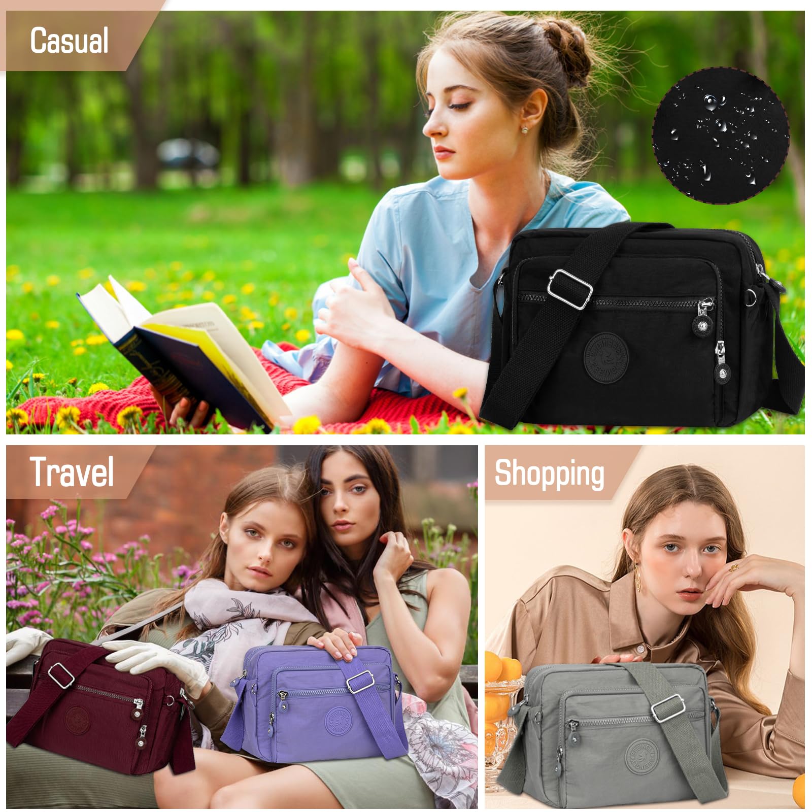 Borsa Tracolla Donna Media Crossbody Bag Nylon Impermeabile Borsetta Tracolla Donna Sportiva Borsa a Spalla con Multitasche per Lavorare Shopping Viaggio
