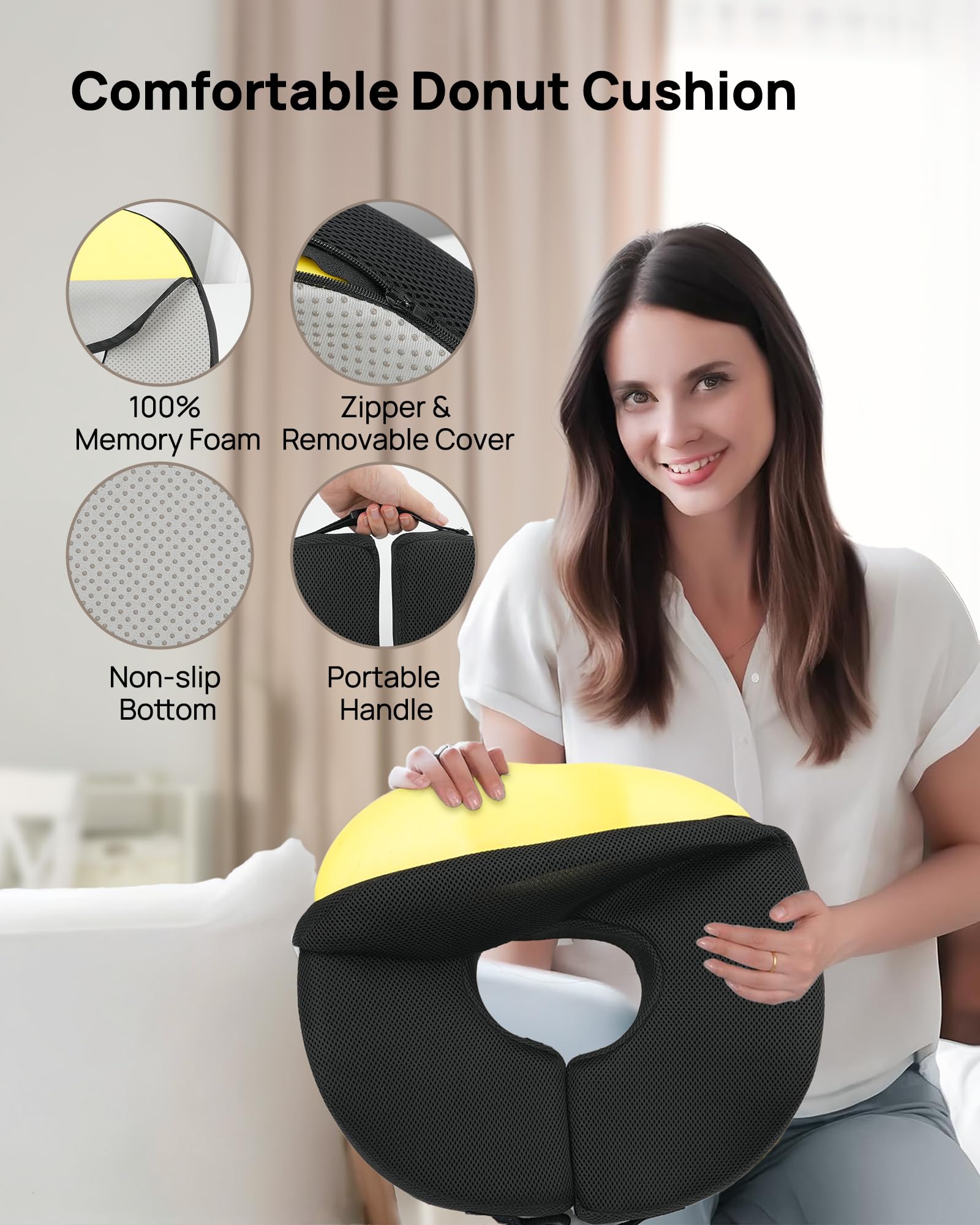 Feagar Cojín Donut Ortopédico Espuma Viscoelástica Hemorroides Postnatal | Alivio Para Coxis Y Ciática Con Funda Lavable Para Asiento De Coche, Silla De Ruedas, Silla De Oficina, Gaming Y Viajes