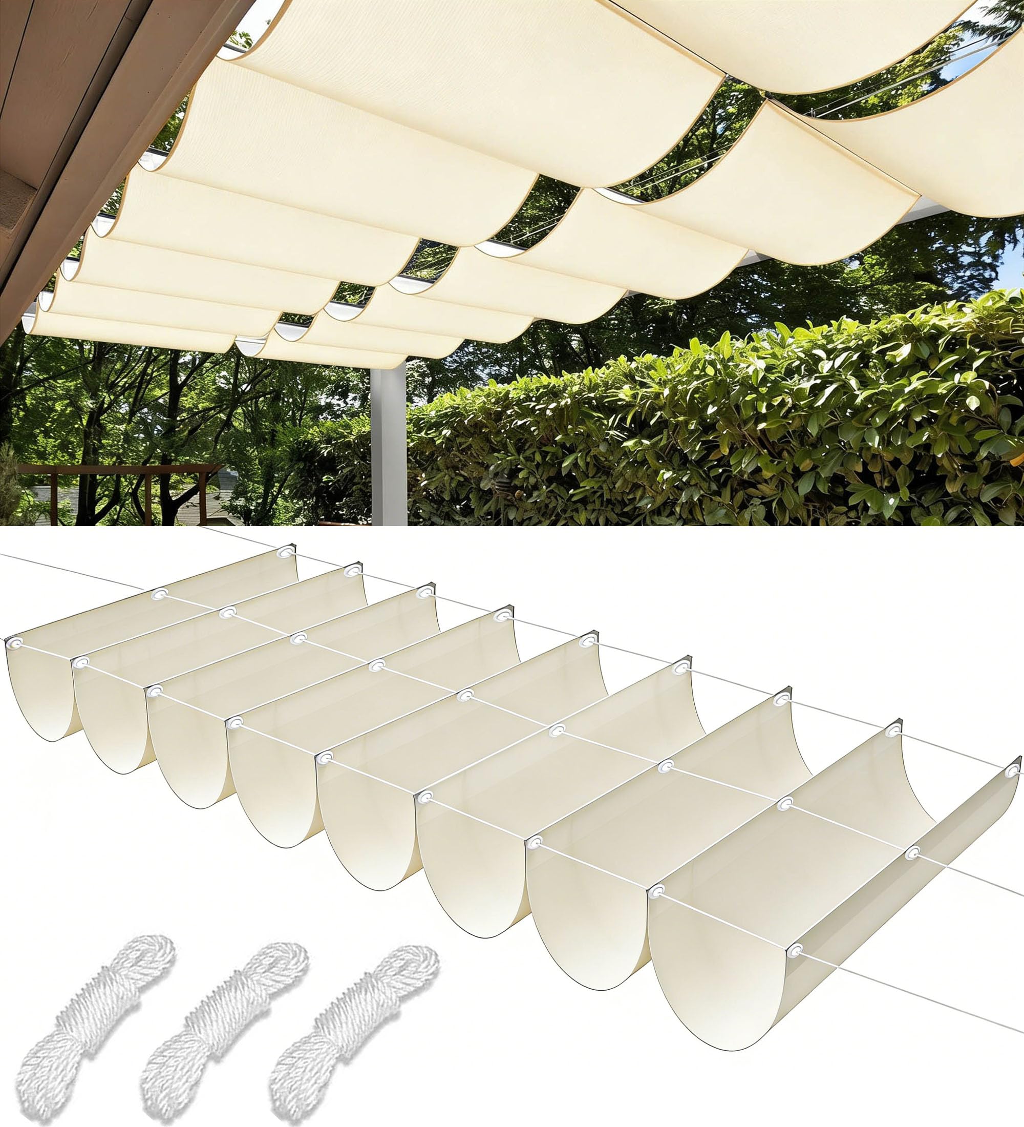 Retráctil Ondulada Vela de Sombra 2.5x6m Impermeable Toldos Exterior Rectangular Protección Rayos UV Resistente al Desgarro para Terraza Balcon Exterior Jardín con Ojales y Cuerdas Crema