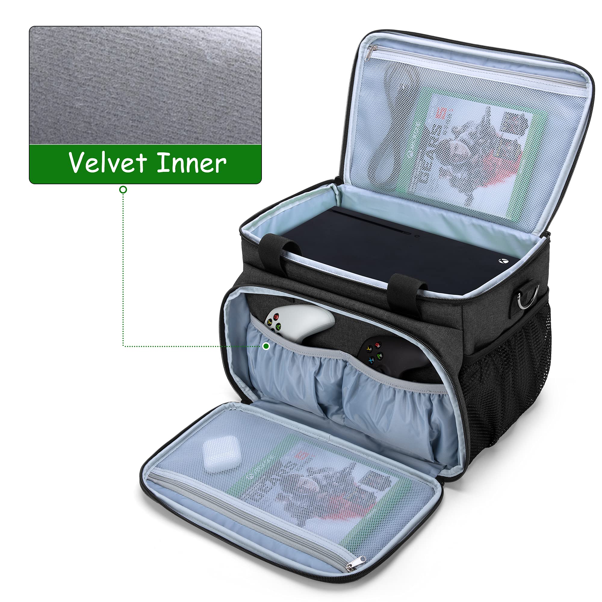 CURMIO Bolsa Xbox, Maleta Xbox, Bolsa de Transporte Compatible con Xbox Series X Consola de Juego y Accesorios, Bolsa Bandolera Adjustable para Controladores, Cables, Auriculares,Negro,Sólo Bolsa