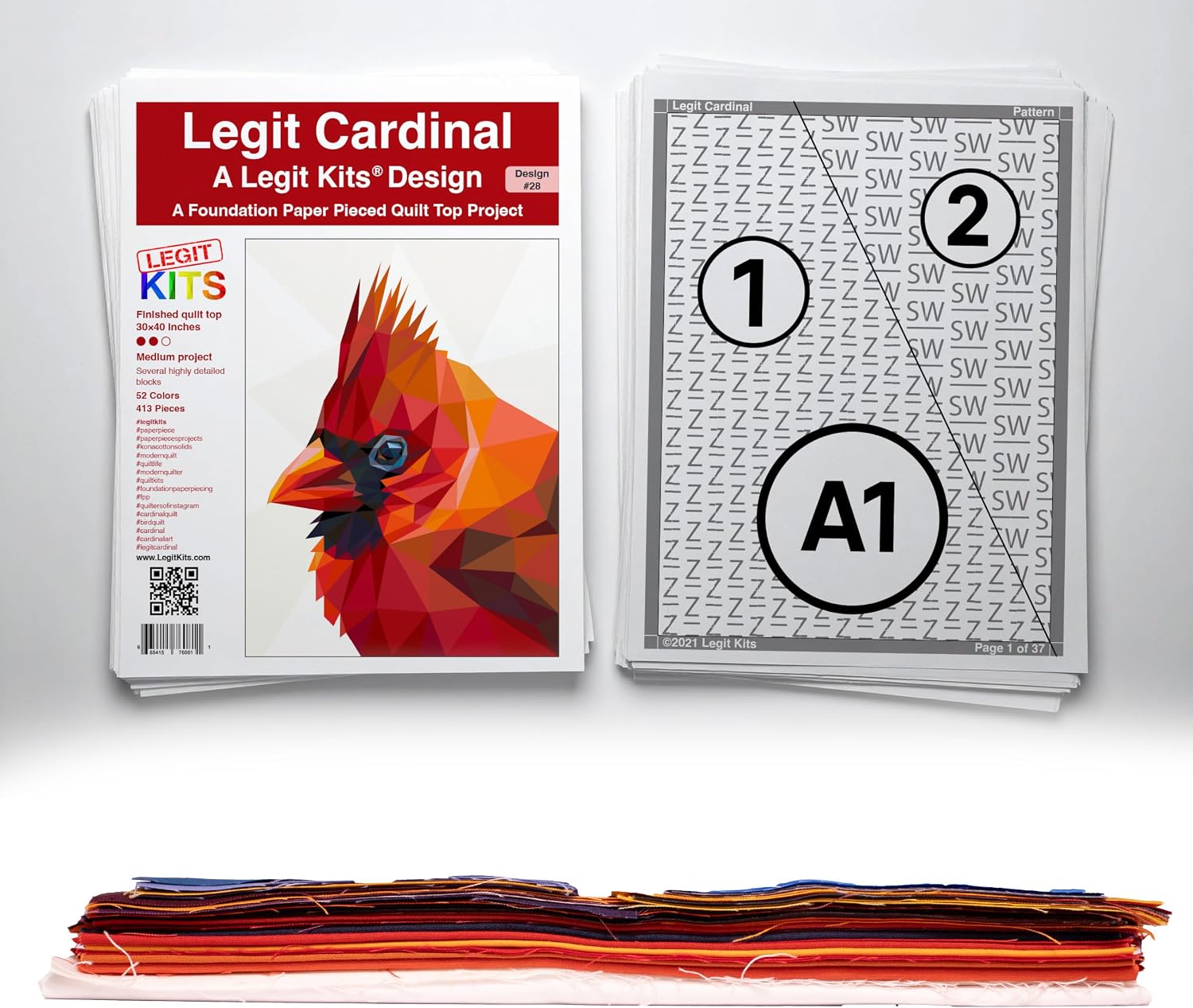 LEGIT KITS Cardinal Quilt Kit, Foundation Paper Piecing Pattern with Precut Fabric, 30 x 40 inches