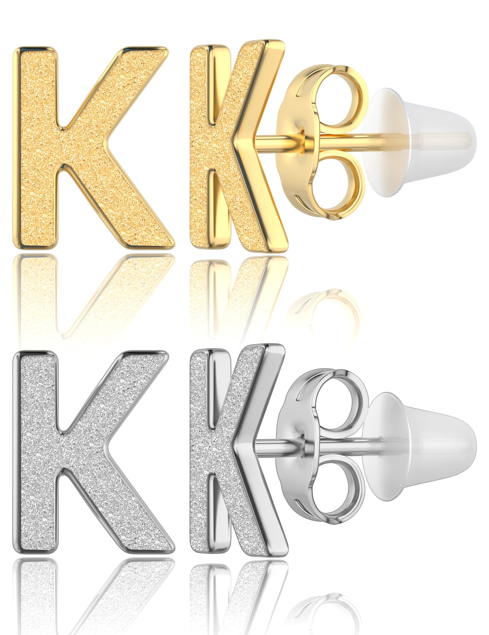 Stud Earrings for Women Set 2 Pairs 316L Hypoallergenic Gold Plated Initial Surgical Steel Earrings 26 Letter Equipped With Anti-Piercing Silicone