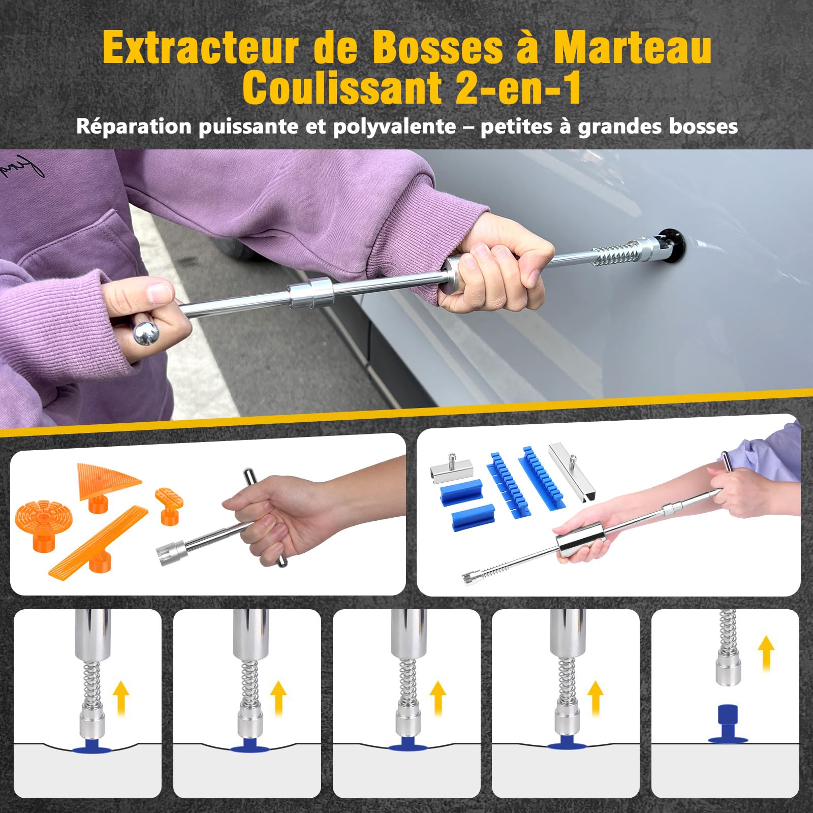 Kit de réparation de Bosses sans Peinture - Kit d'extracteur de Bosses de Voiture avec Marteau Coulissant, Barre en T, extracteur de Pont, Ventouse, extracteur de Colle et Pistolet - Outil
