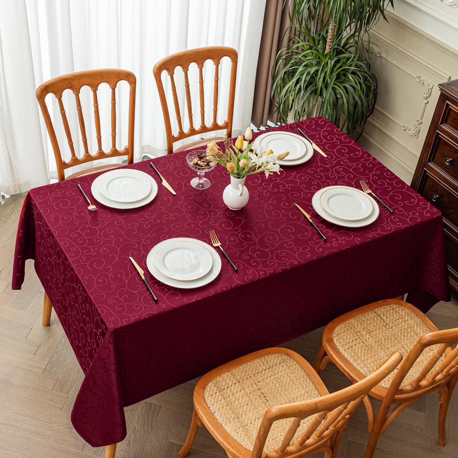 Romanstile Christmas Jacquard Rectangle Tablecloth - Burgundy Waterproof Damask Curly Floral Pattern Decorative Table Cloth, Heavy Weight Fabric Table Cover for Dining/Party/Holiday - 52 x 70 Inch
