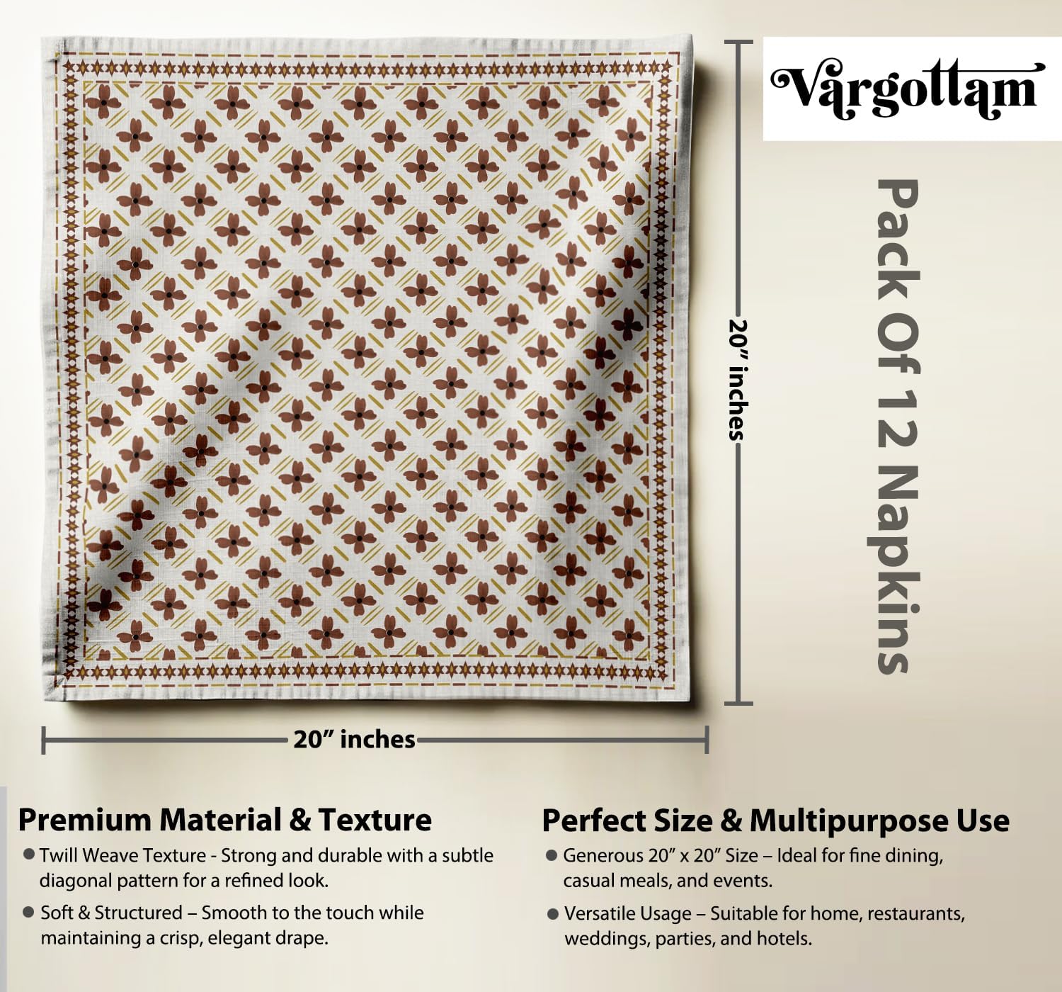 Designer Cotton Twill Napkins - Set of 12, 20-Inch, Block Pattern, Durable & Absorbent Cloth Napkins for Dining, Parties, and Home Decor - Machine Washable