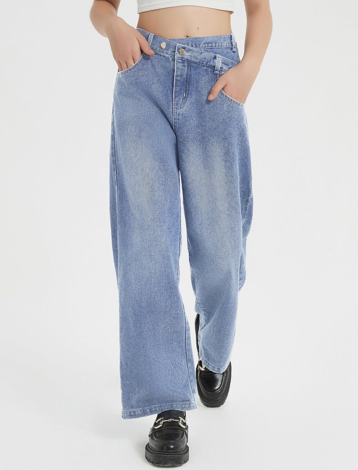 EXARUS Girls Jeans Crossover/Frayed Baggy Pants Wide Leg Denim Teen Elastic Waist Straight Mid Waisted for Kids 8-14Y - Image 5