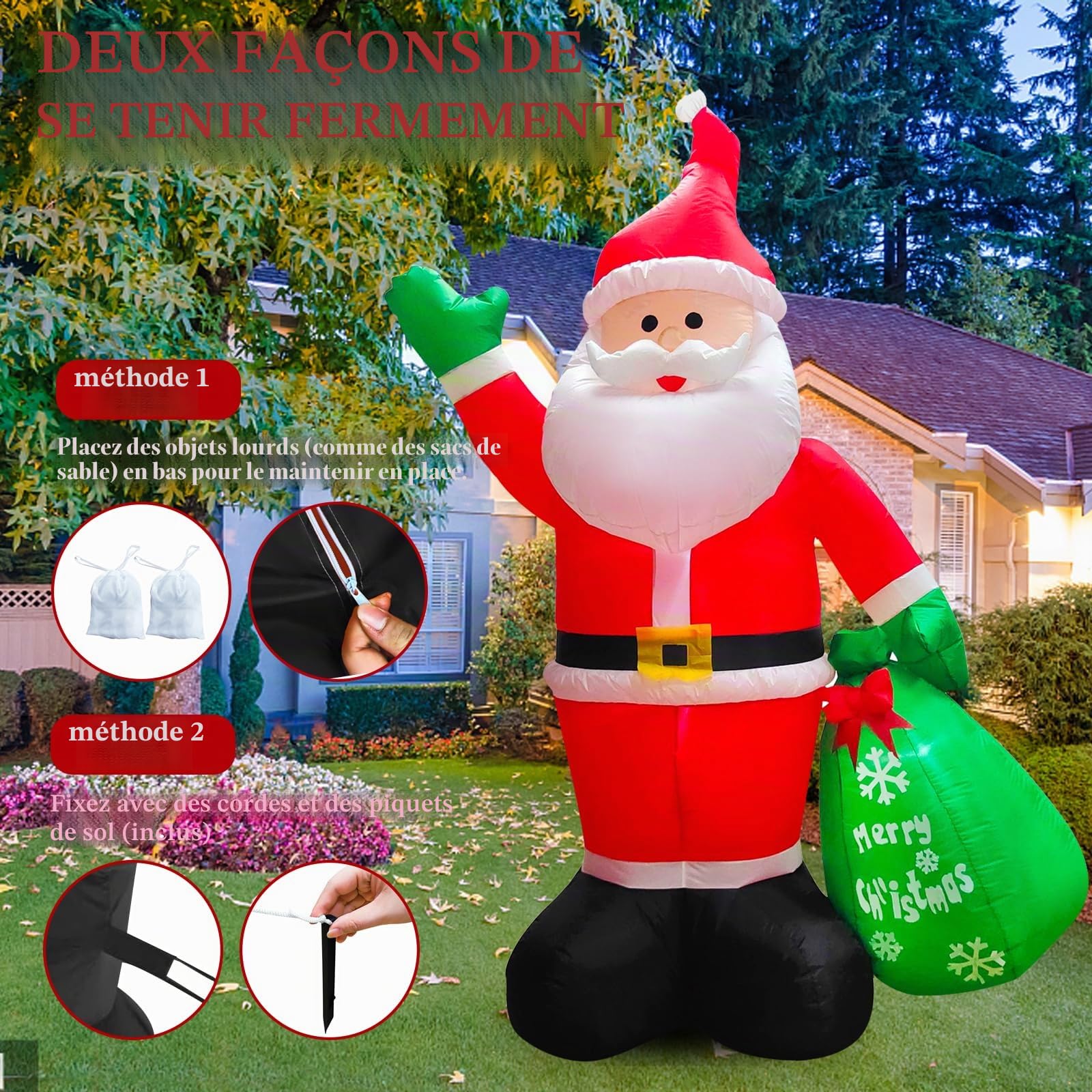 Père Noël gonflable LED - 245 cm - Décoration Noël - IP44 - Étanche - Cadeaux - Éclairage intérieur/extérieur - Jardin, pelouse, cour