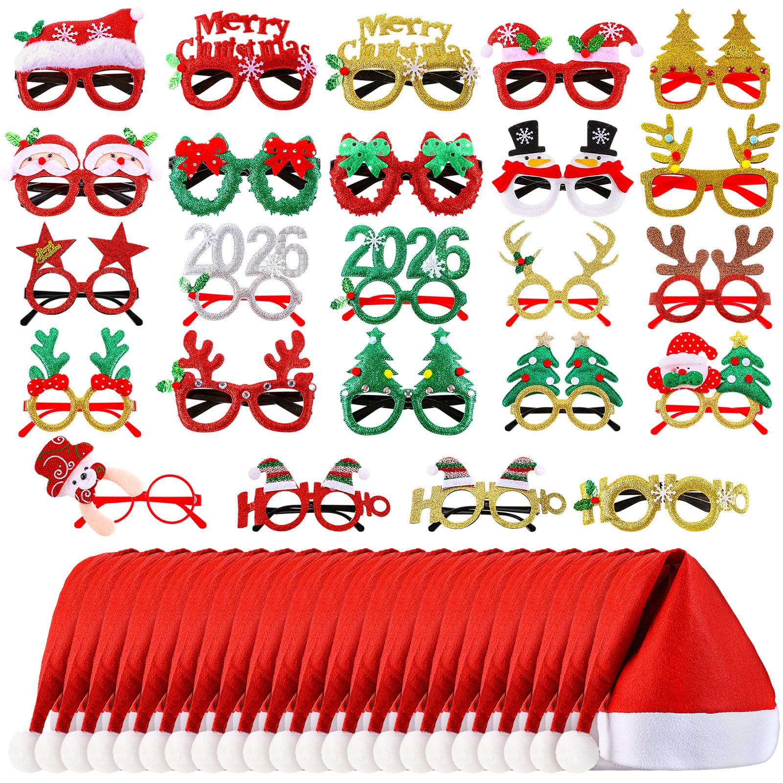 Liitrsh 48 Pcs Christmas Glasses Bulk Christmas Hat Christmas Party Decorations Christmas Glitter Glasses Frame Santa Hat for Adult Xmas Photo Booth
