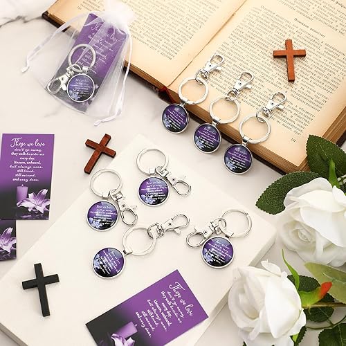 Miniatura 8 de Junkin Recuerdos funerarios para invitados, incluyendo llavero de oración, tarjetas de oración, bolsas de organza para celebración conmemorativa