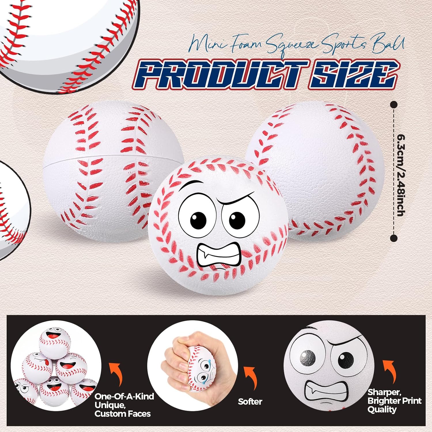 Arrowbash 24 Pcs 2.5'' Face Baseball Stress Balls Bulk Funny Face Baseball Squeeze Foam Ball Stress and Anxiety Relief Toy for Sport Party Goodie Bags Favors Birthday Gift Decoration