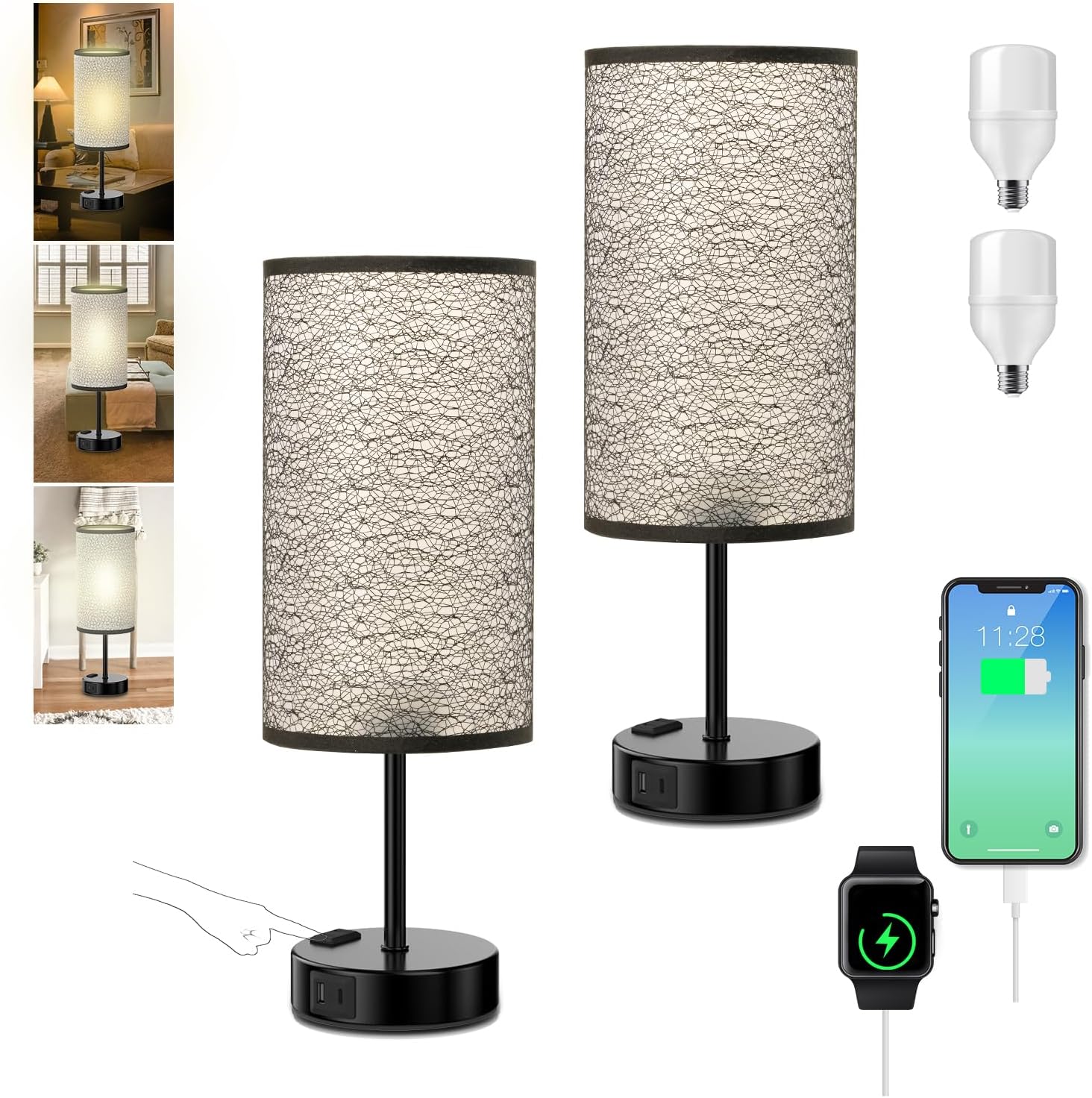 Table Lamp for Bedroom with Touch Control,Bedside Lamp with USB C+A Charging Ports& AC Outlets, Adjustable 3color LED Light for Home Decor/Nightstand/Bedroom/Office,Included Bulb and Fabric Lamp Shade