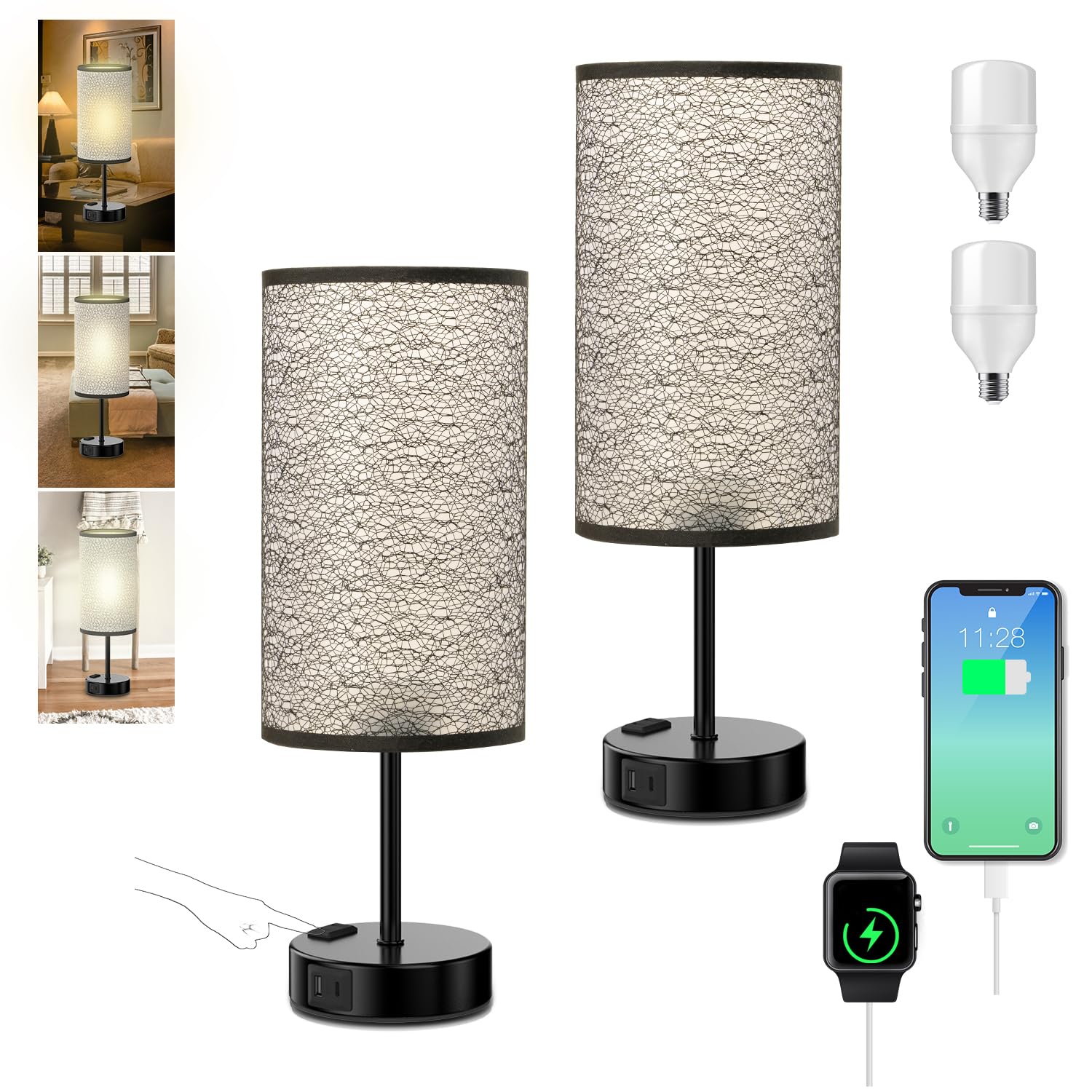 Lámpara De Mesa De Noche Con Control Táctil, Con Puertos De