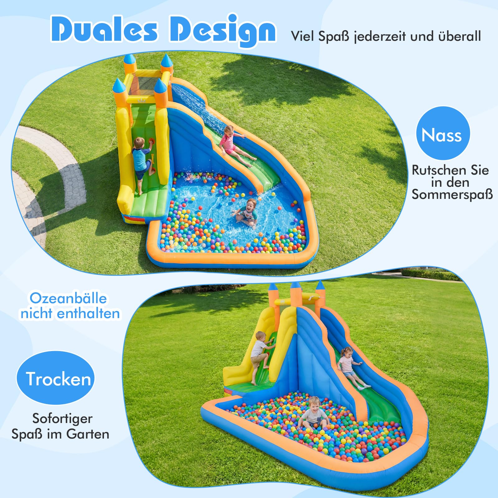 COSTWAY Hüpfburg mit Rutsche, Kletterwand & Planschbecken, Wasserhüpfburg für Kinder ab 3 Jahren, Wasserpark für Außenbereich, 400 x 309 x 245 cm