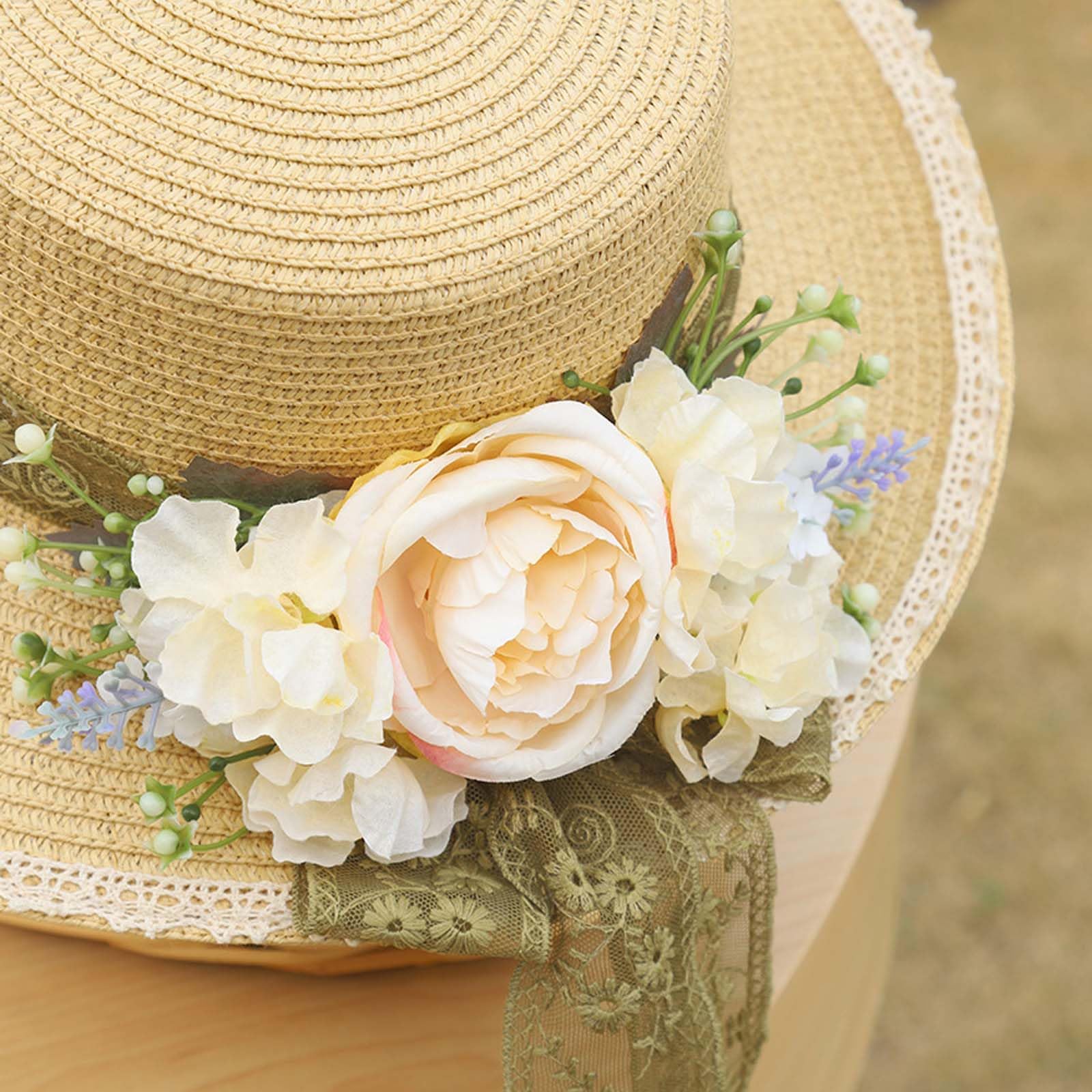Sombrero Panamá de paja para mujer, sombrero de playa, sombrero de sol con decoración de flores, sombrero de parte superior plana, sombrero de viaje para el sol, sombrero de verano UV