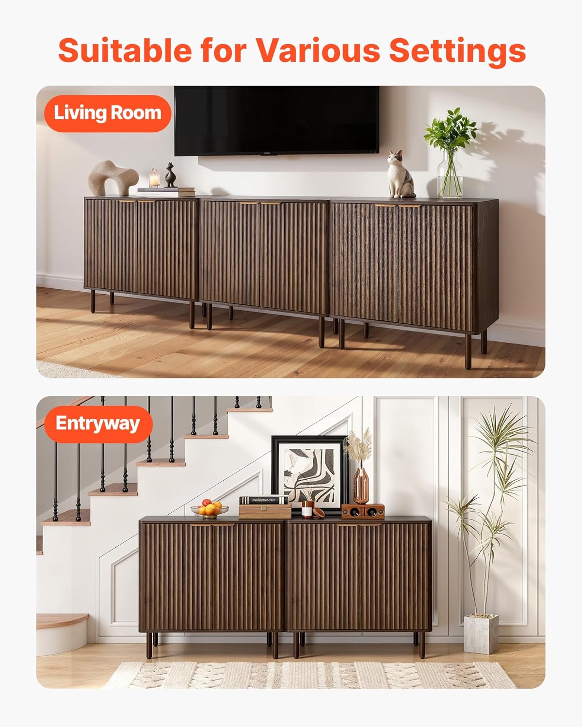 VEVOR Buffet Cabinet, Sideboard Cabinet with 2-Tier Storage, Coffee Bar Cabinet with Adjustable Shelves, Fluted Sideboard Buffet for Hallway, Entryway, Living Room, or Kitchen, Walnut