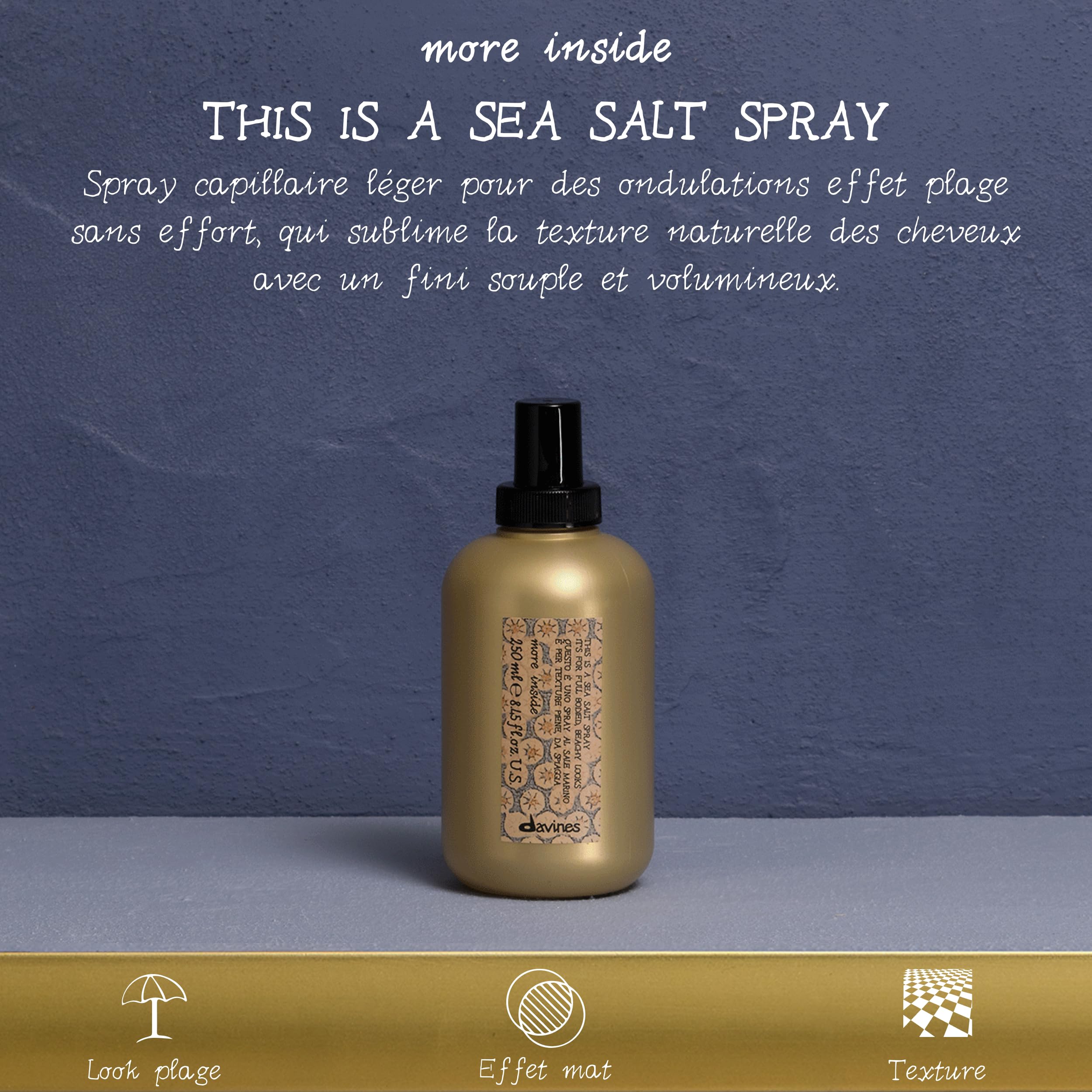 DAVINES More Inside Sea Salt Spray 250 ml pour adultes, avec format pratique, solution polyvalente