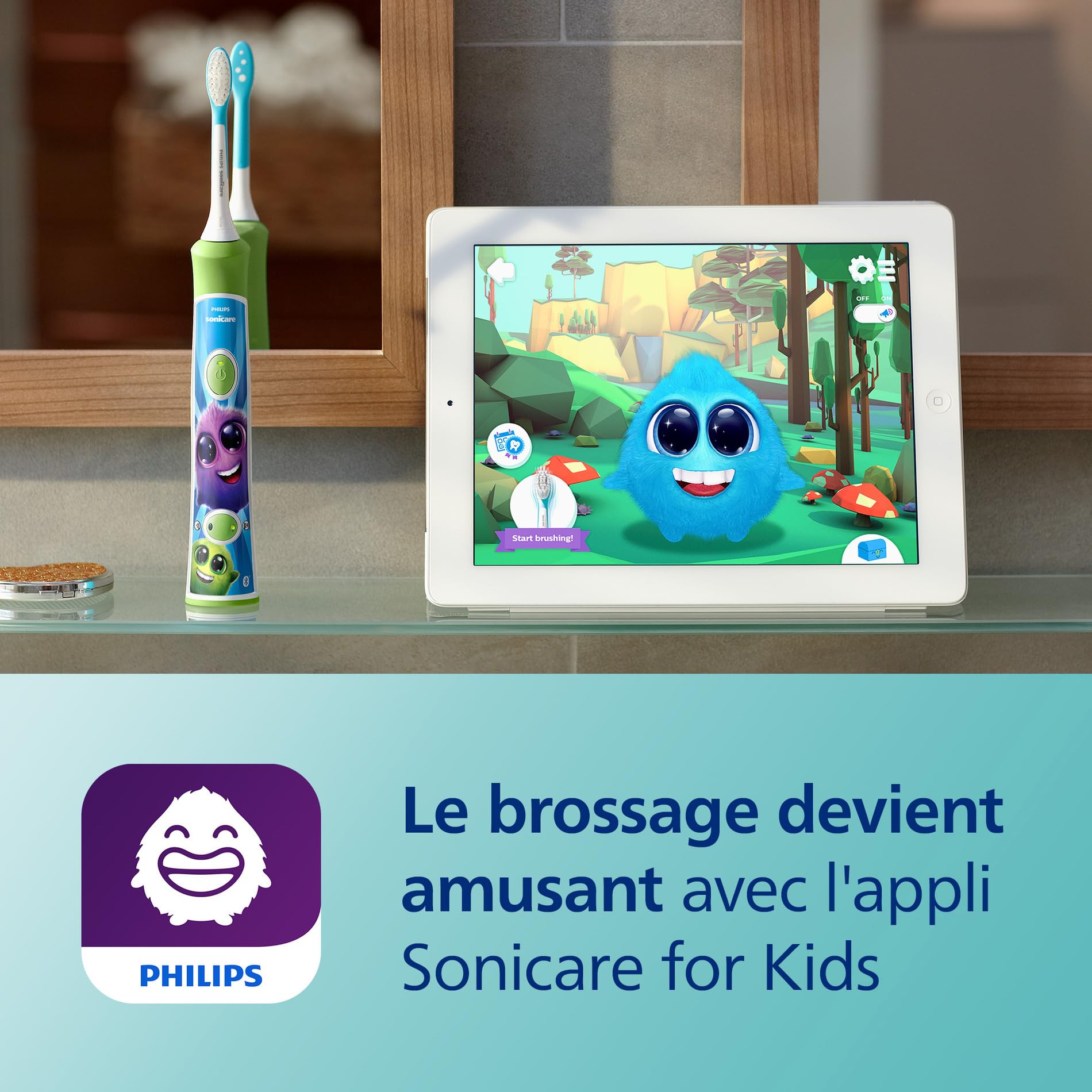Philips Sonicare For Kids, brosse à dents électrique sonique avec appli, pour enfants de 3 ans et plus, avec KidTimer et KidPacer pour un brossage minutieux, vert, modèle HX6352/11