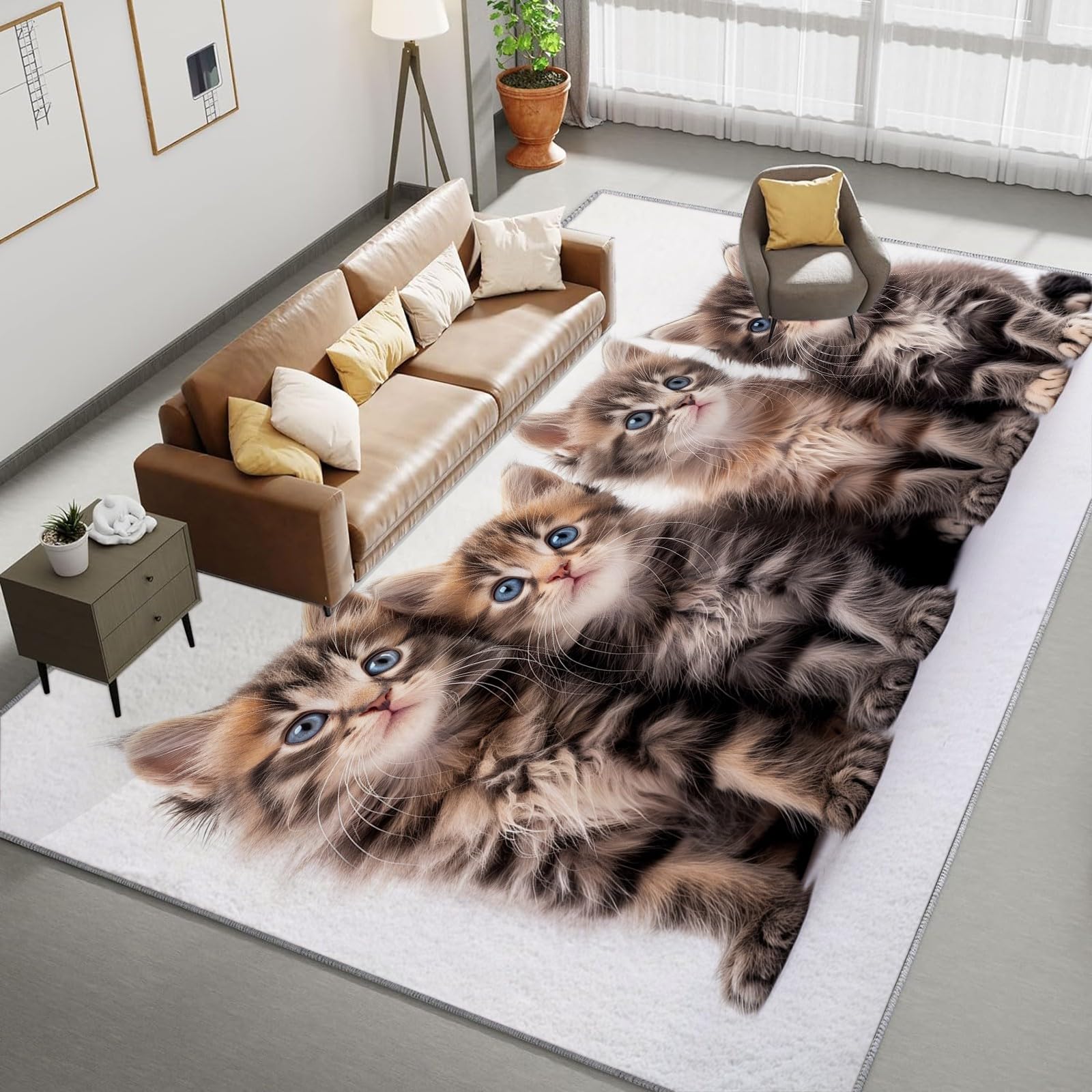Generisch Waschbarer Teppich Tier Graubraune Katze 80x150cm Wohnzimmer Schlafzimmer Teppich, Flauschig Weich Kurzflor Teppich, Moderne 3D Druck Teppich, Anti-Rutsch Teppich Matte