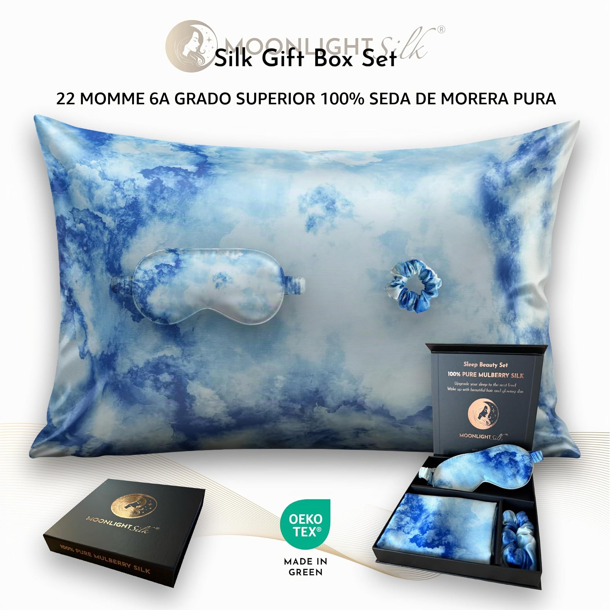 Sleep Beauty Set 100% Seda de Morera, 22 Momme, 50x75 cm - Funda de Almohada | Antifaz para Dormir | Coletero - Grado 6A, Oeko-Tex Piel hidratada y sin Arrugas (Nubes Esponjosas)