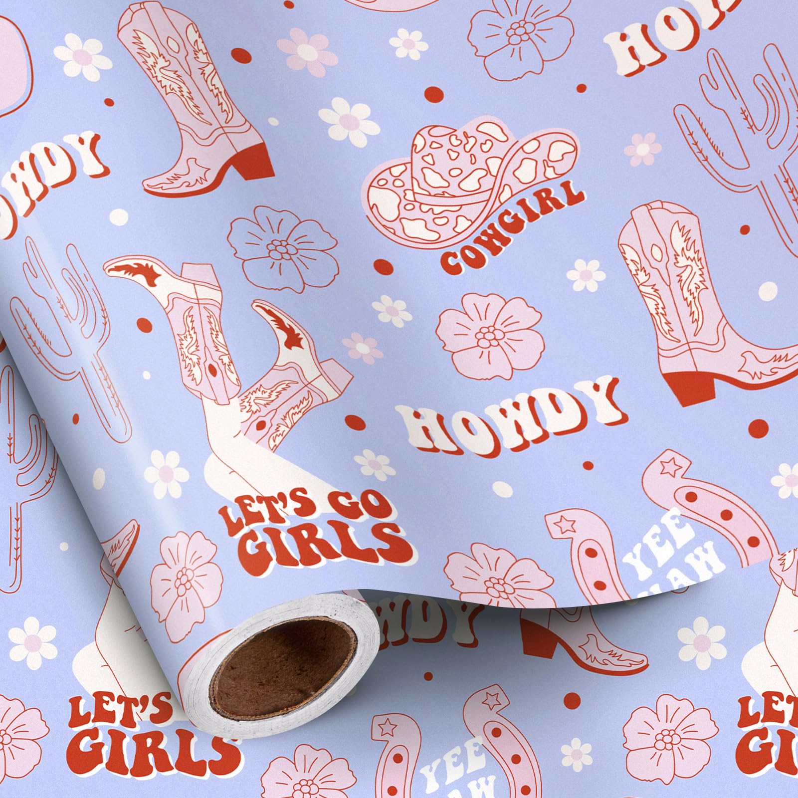 RUSPEPA Retro Cowgirl Wrapping Paper Roll, Mini Roll, Light Purple Boots, Horseshoes, Flowers, Wild West Design Gift Wrap Paper for Birthday, Cowgirl