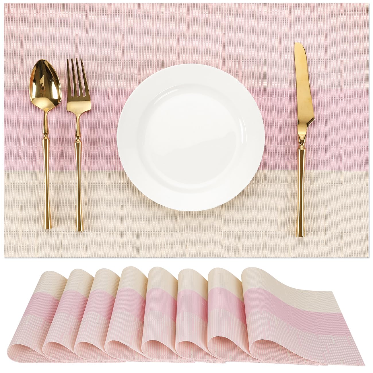 Chitomars Placemats Set of 8, Vinyl Woven Place Mats Indoor Set of 8 Washable Wipeable PVC Table Mats Heat-Resistant Non Slip Plastic Placemat for Kitchen Dining Outdoor Table (Beige Pink, Set of 8)