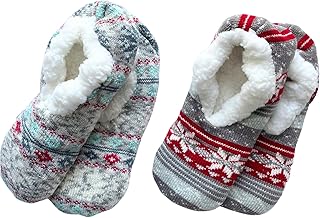 Room Socks for Women with Non-Slip Feature, Warm Winter Room Shoes for Women with Fleece Lining, Thermal Insulation, Anti-Cold 2-Pair Set (Pattern Assigned) G11