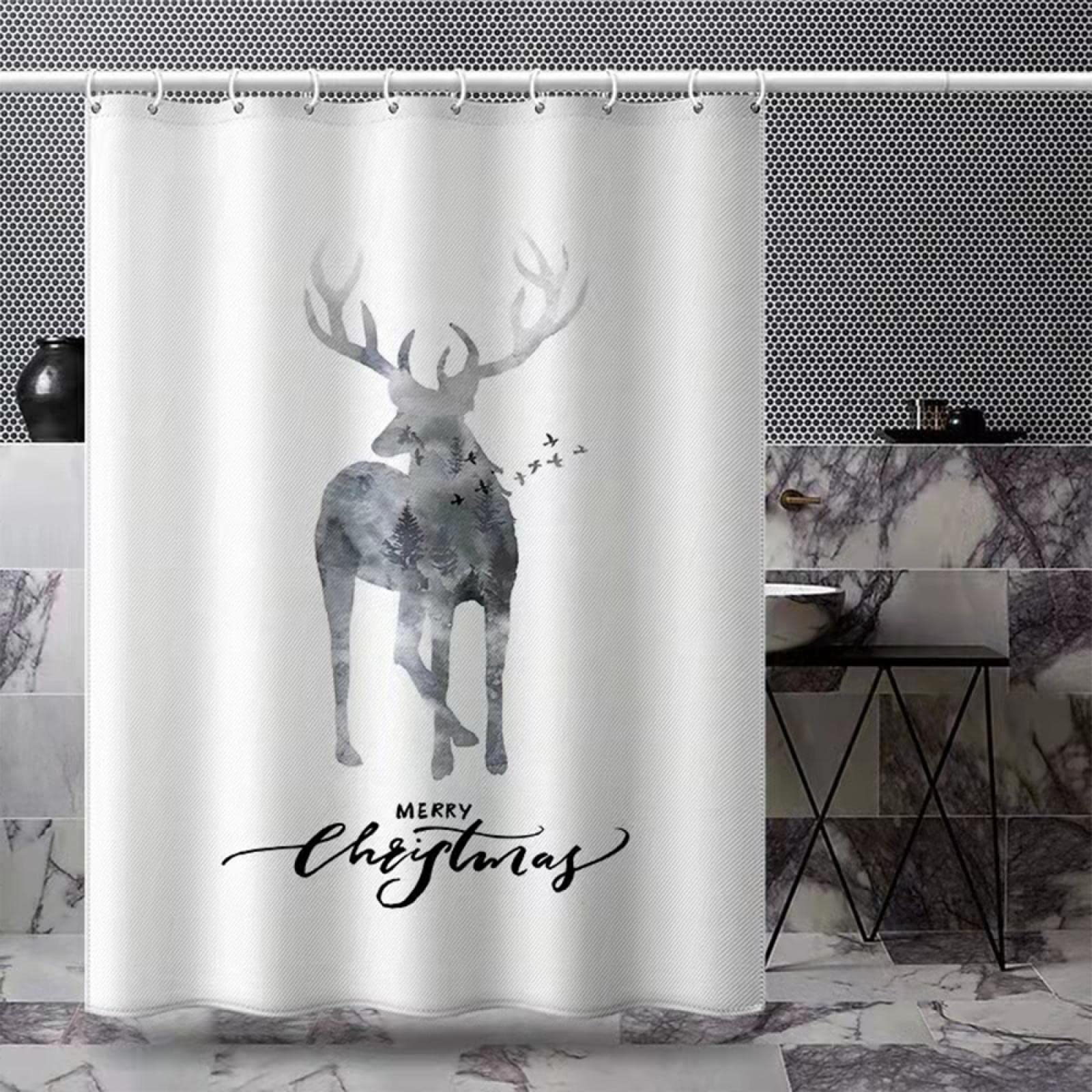 Elk impresión Cortinas de Ducha Tela de poliéster Impermeable Cortina de baño mampara de baño con Ganchos decoración navideña para el hogar 182x214cm (72X84inch) Negro
