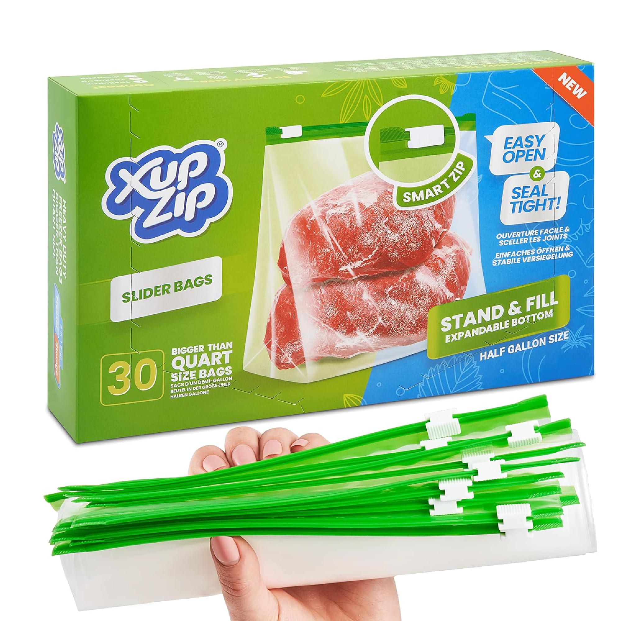 2.27L Slider Freezer Bags with Airtight & Leakproof Smart Zip Seal – Reusable Food Bag with Expandable Bottom – Half Gallon Heavy-Duty Large Zip-Lock Bags, 30 Pcs