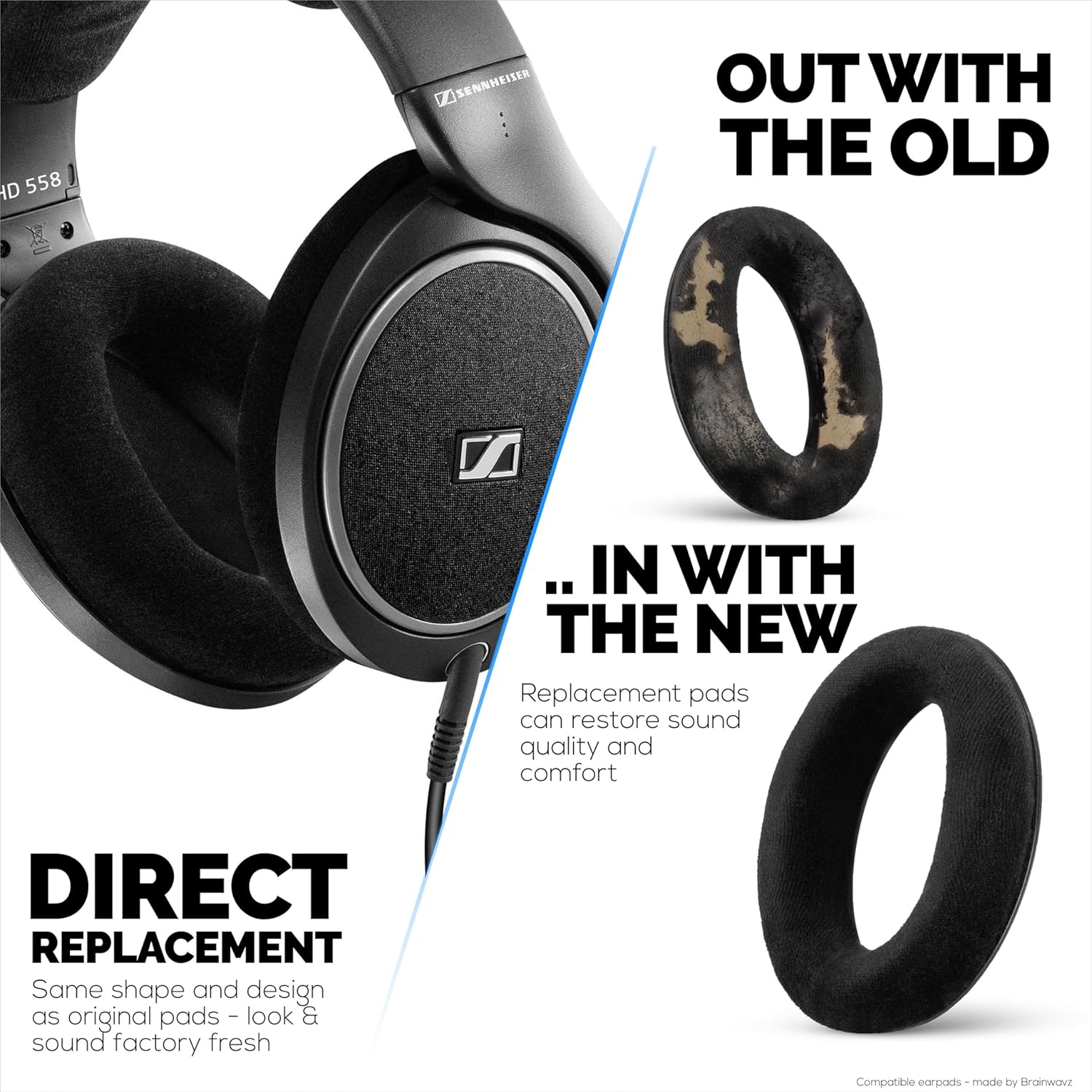 Replacement Earpads for Sennheiser HD598 (CS/SE/SR), HD599, HD558, HD518, HD595, HD569, HD579, HD560, HD555, HD515, HD559 Headphones, Soft Velour, Extra Comfort, by Brainwavz (Black)