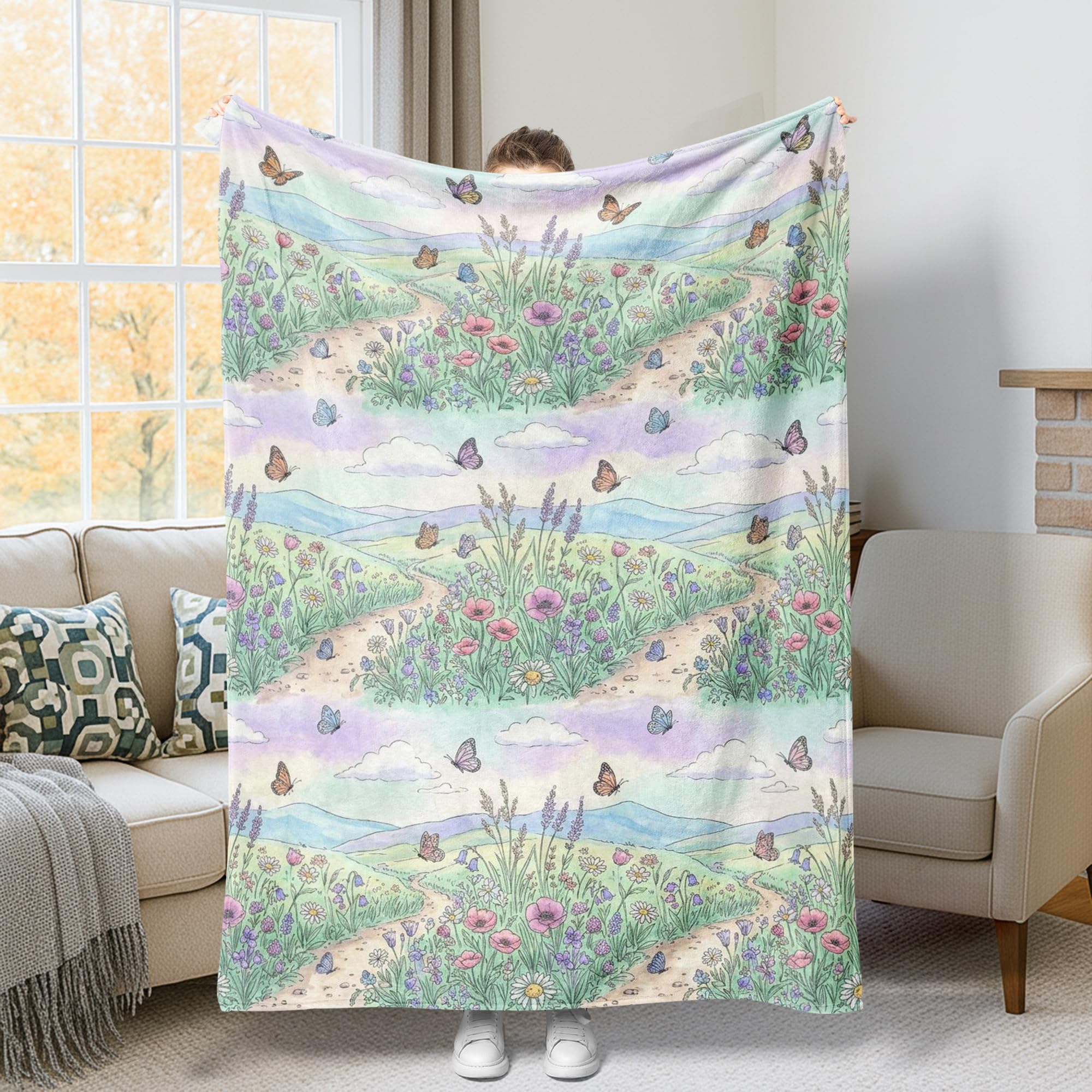 Couverture en fourrure papillon et fleur verte 152cm pour canapé