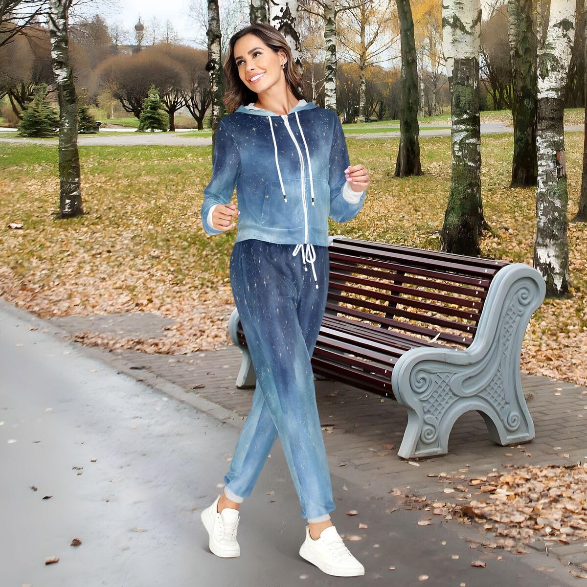 Conjunto deportivo de 2 piezas para mujer, diseño de acuarela, cielo nocturno, estrellas, manga larga, color azul