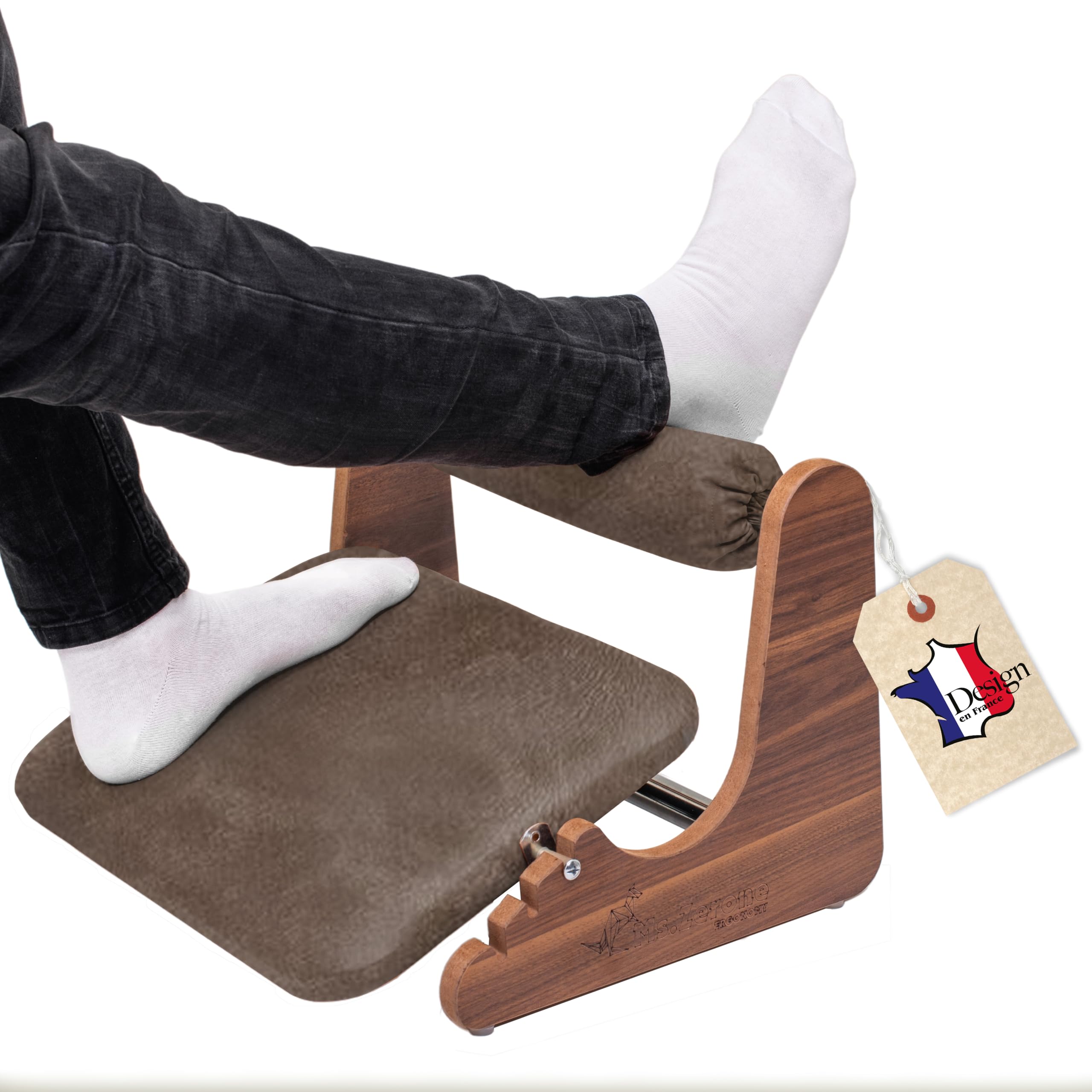 Ergonomische Fußstütze aus Holz – 3 verstellbare Höhen (6/8/10 cm) – Knöchelstütze aus weichem Wildleder – Wippbasis – rutschfest – Komfort für Telearbeit & Büro