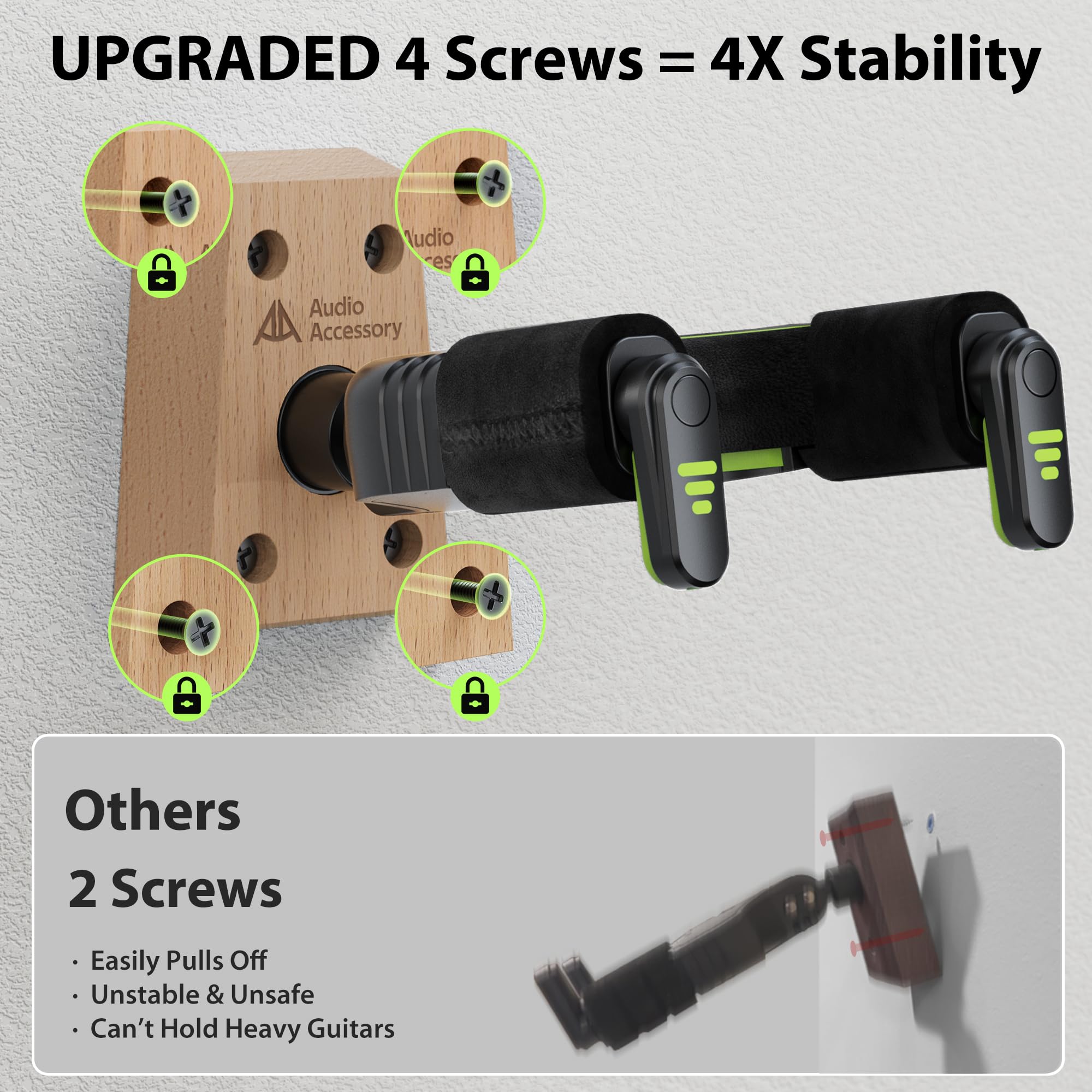 AA AUDIO ACCESSORY Soporte guitarra pared 2 Piezas con cierre automático, gancho de terciopelo apto para nitro, base madera 4 tornillos, carga 9kg, para bajo, guitarra acústica, clásica y eléctrica