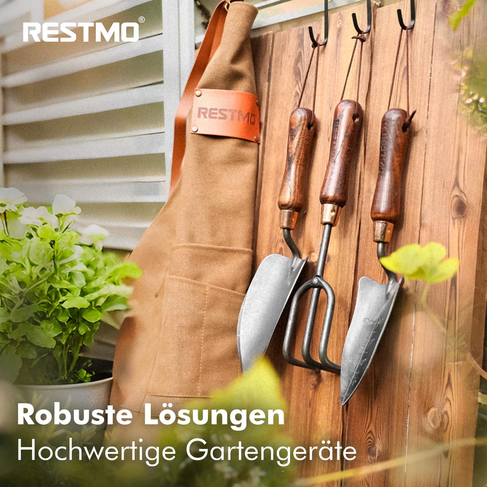 RESTMO 3-teiliges Gartengeräte-Set, Gartenwerkzeuge aus Kohlenstoffstahl mit Holzgriff, inklusive Gartenschaufel, Pflanzkelle und Gartenkralle, Geschenk für Gartenliebhaber