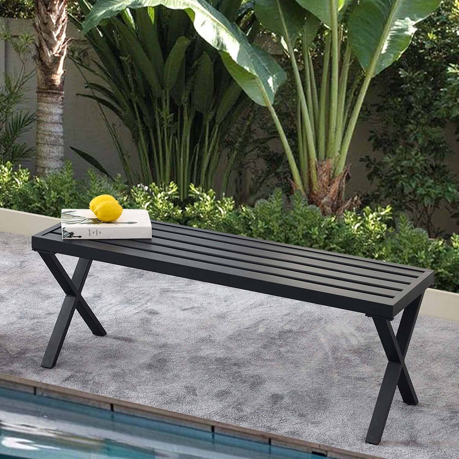 Metal Garden Bench for Outdoors, Set of 2, Black Outdoor Benches Slats for Patio, Patio Backless Bench with Cross Leg,Dining Bench for Porch, Lawn, Balcony, Backyard and Park